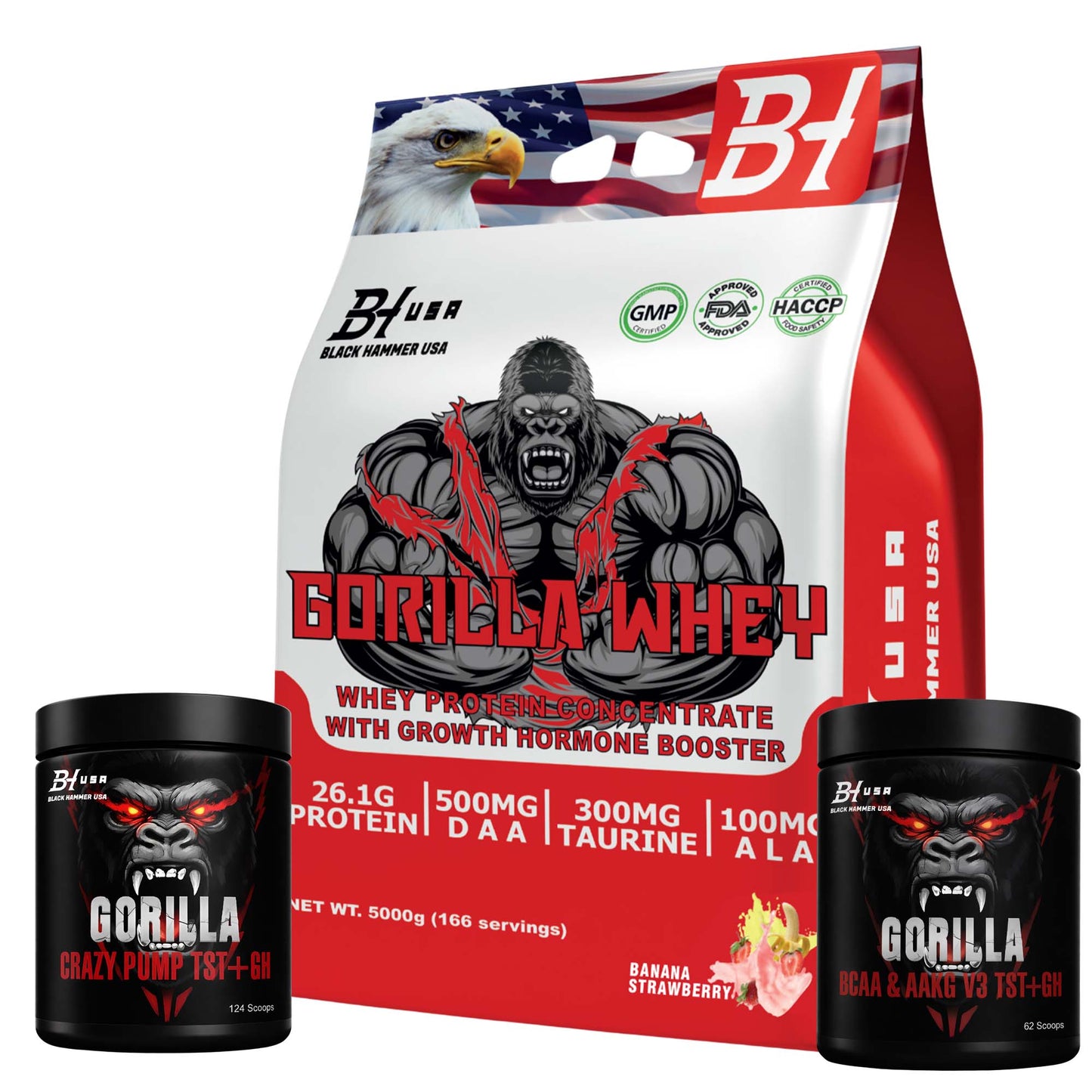 Gorilla Whey 5k Banana Strawberry + Gorilla Crazy Pump & Free Gorilla BCAA