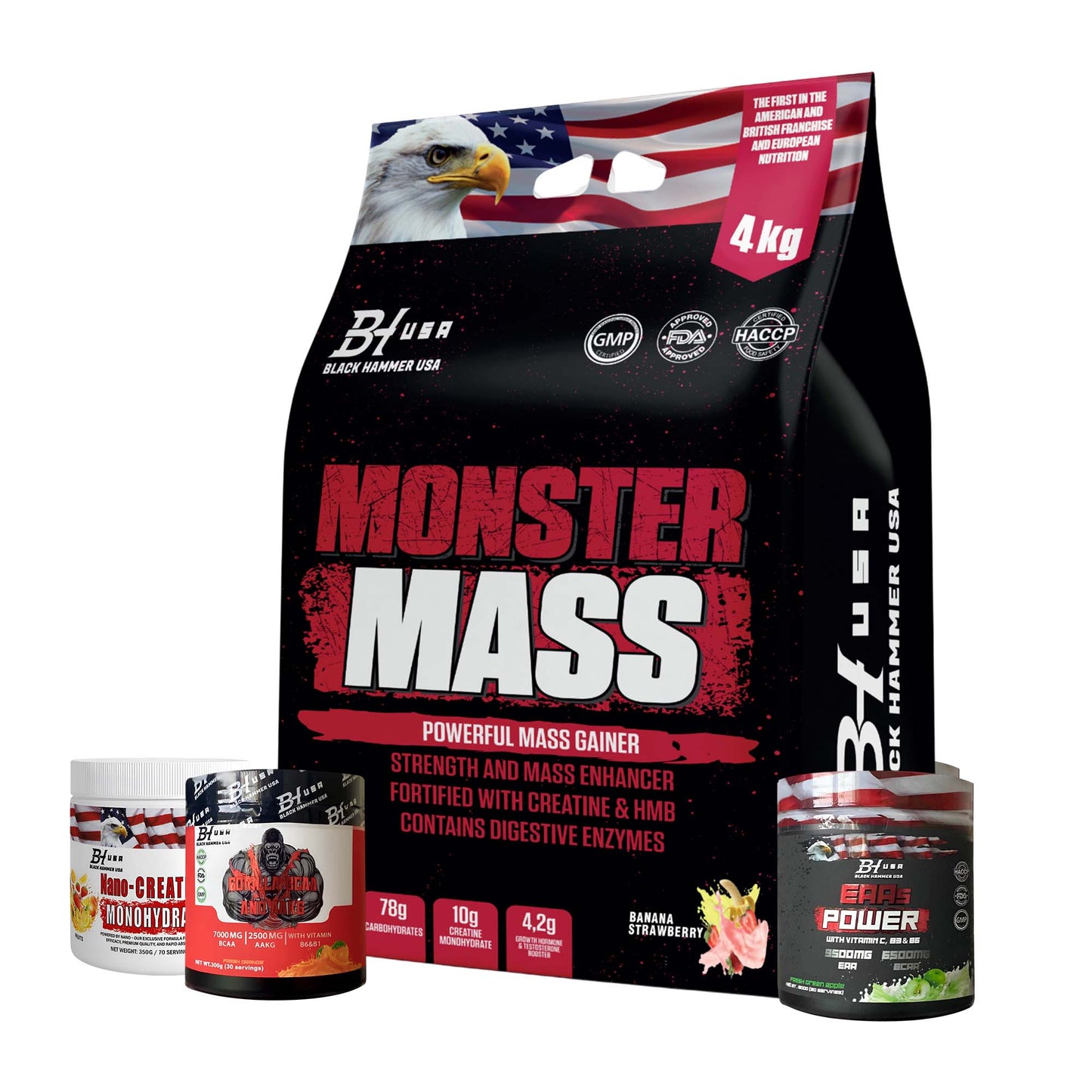 Monster Mass Gainer 4kg Banana Strawberry + BCAA + EAAs + Nano Creatine