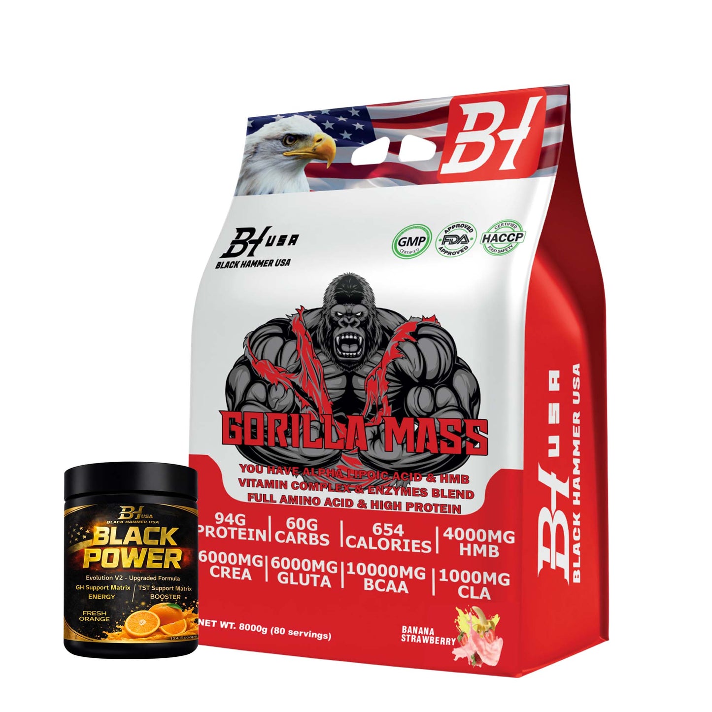 Gorilla Mass Gainer 8KG Banana Strawberry + FREE Black Power 620G Orange
