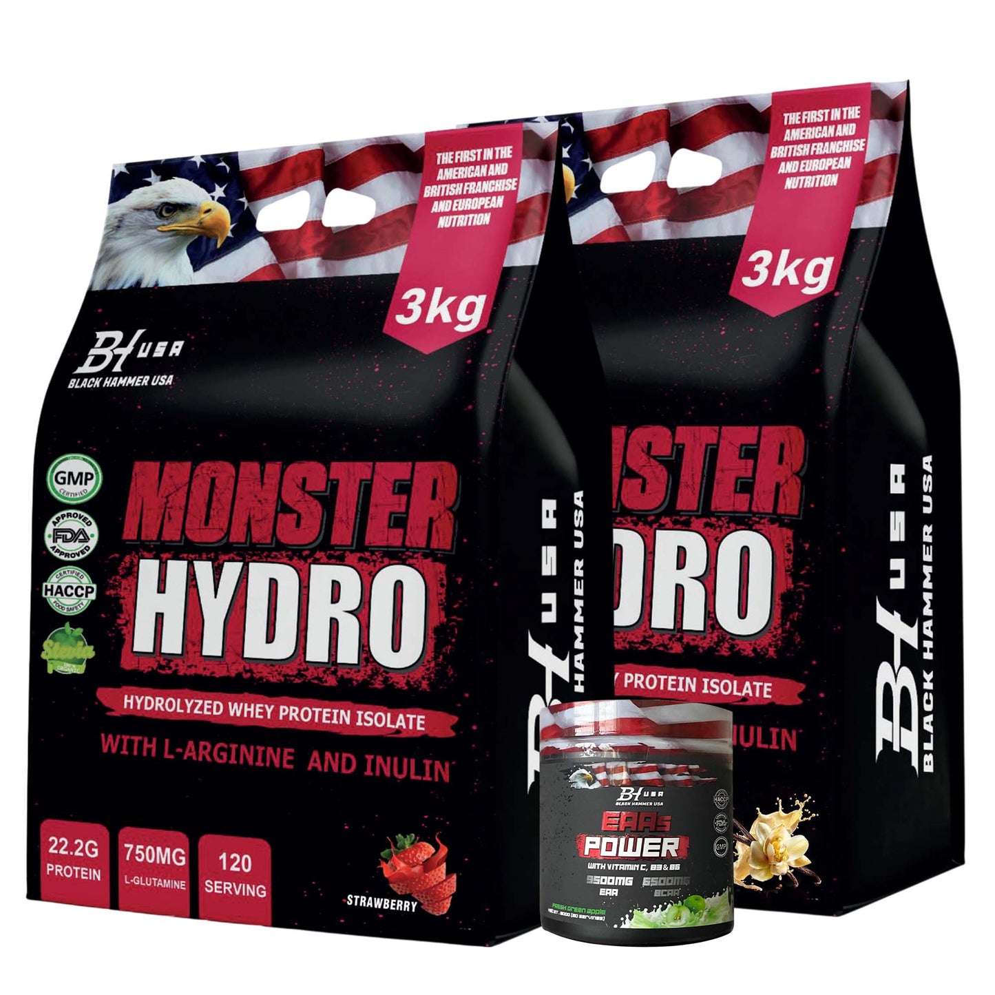 2× Monster Hydro Whey Protein 3 kg – Vanilla & Strawberry + FREE EAA Power