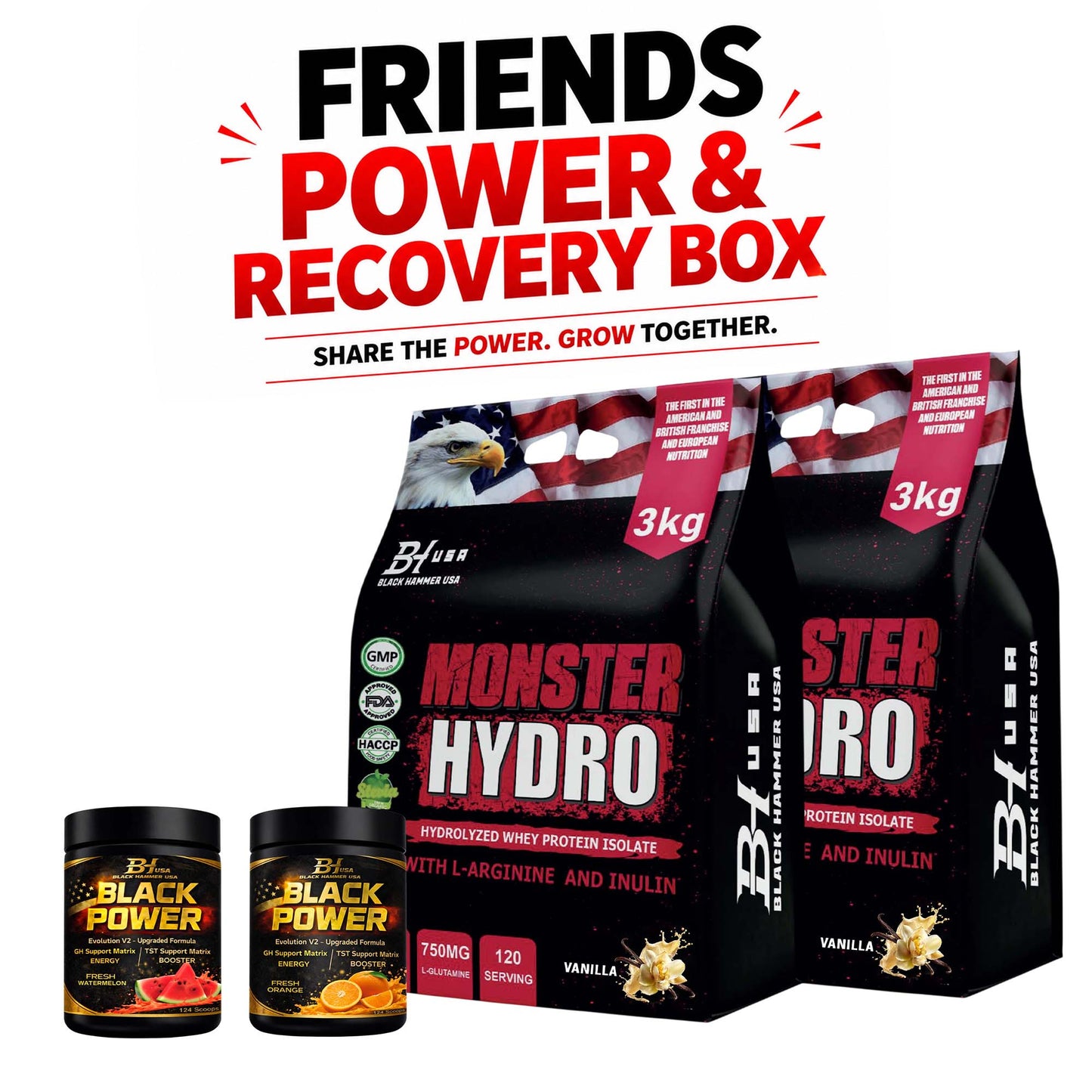 Friends Power Box – 2× Monster Hydro Vanilla + 2× Black Power Orange & Watermelon