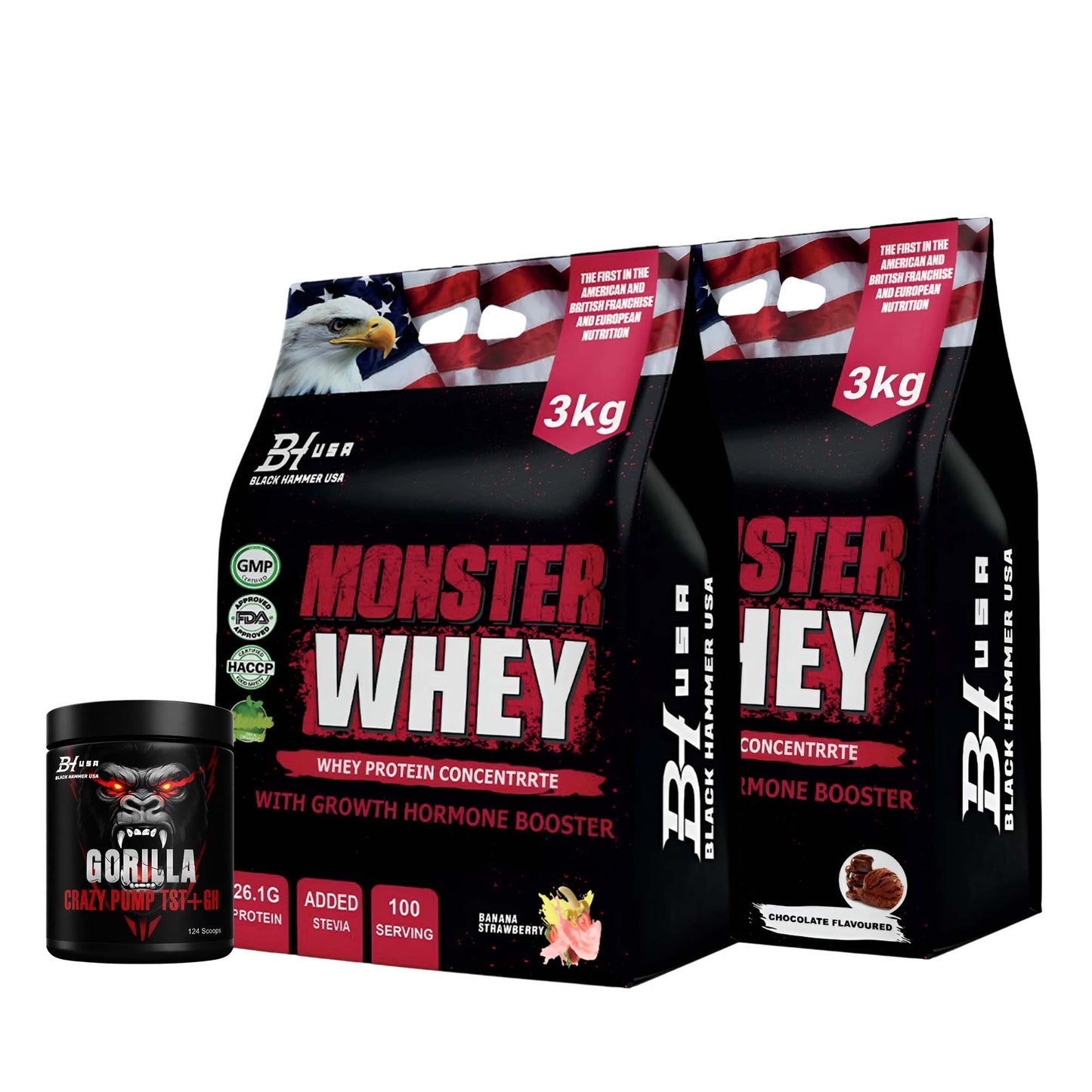 2× Monster Whey 3KG – Chocolate & Banana-Strawberry + FREE Gorilla Crazy Pump_SAVE 40%