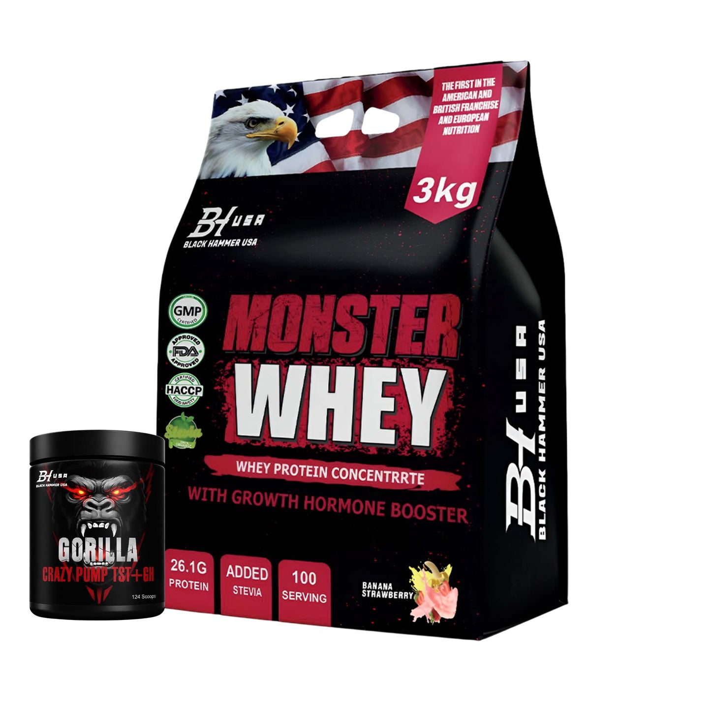 Monster Whey 3Kg Banana Strawberry + Free Gorilla Crazy Pump Bundle