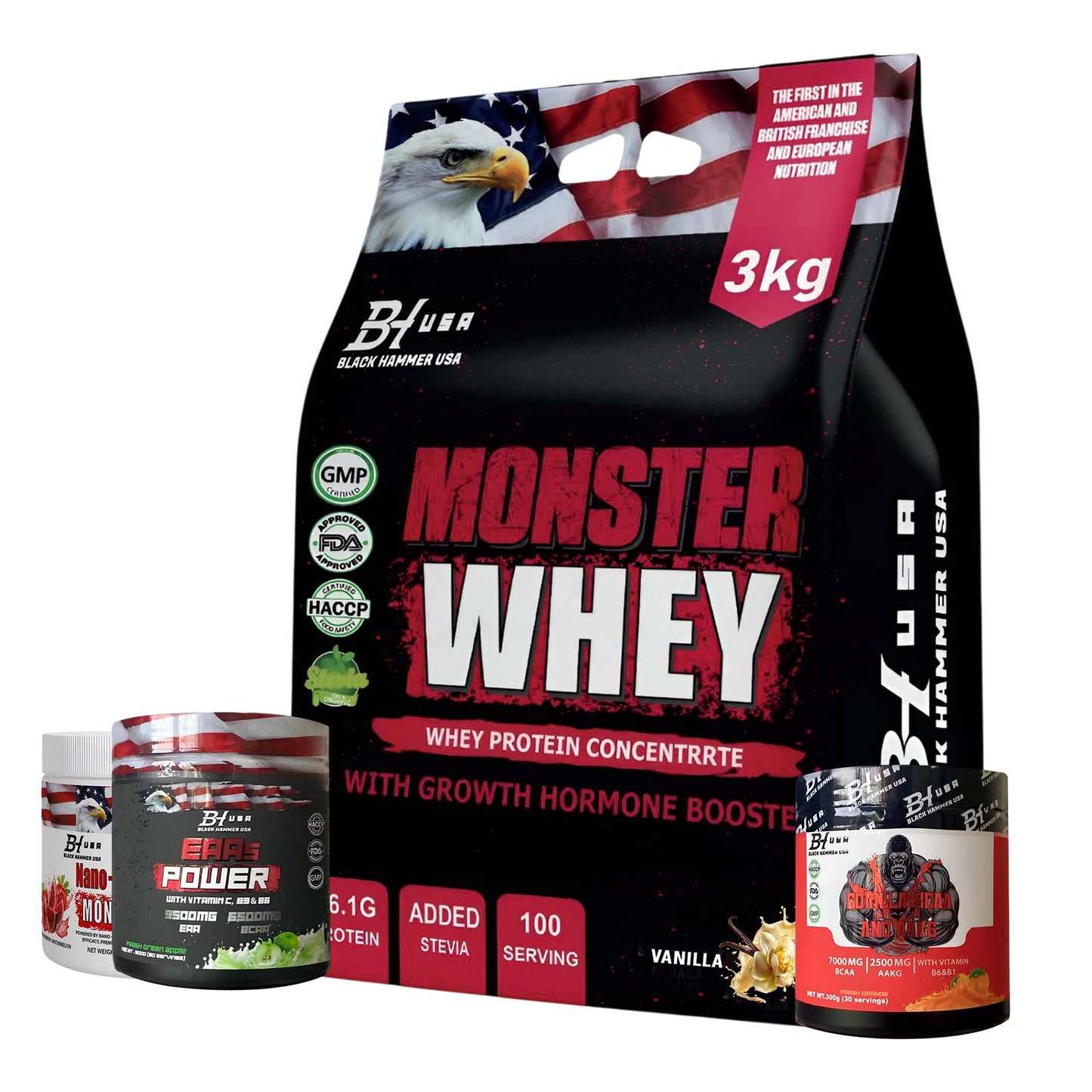 Monster Whey Protein 3KG Vanilla + FREE EAAs, BCAA & Nano Creatine