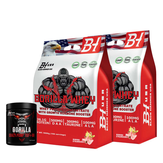 2x Gorilla Whey 5KG Banane Erdbeere + GRATIS Gorilla Crazy Pump Orange