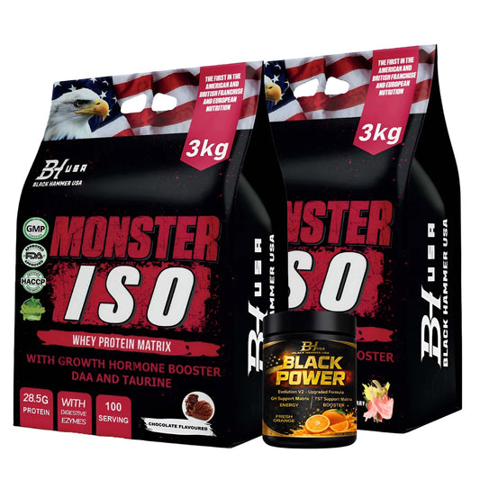2x Monster ISO 3KG Banana Strawberry & Chocolate + FREE Black Power Orange