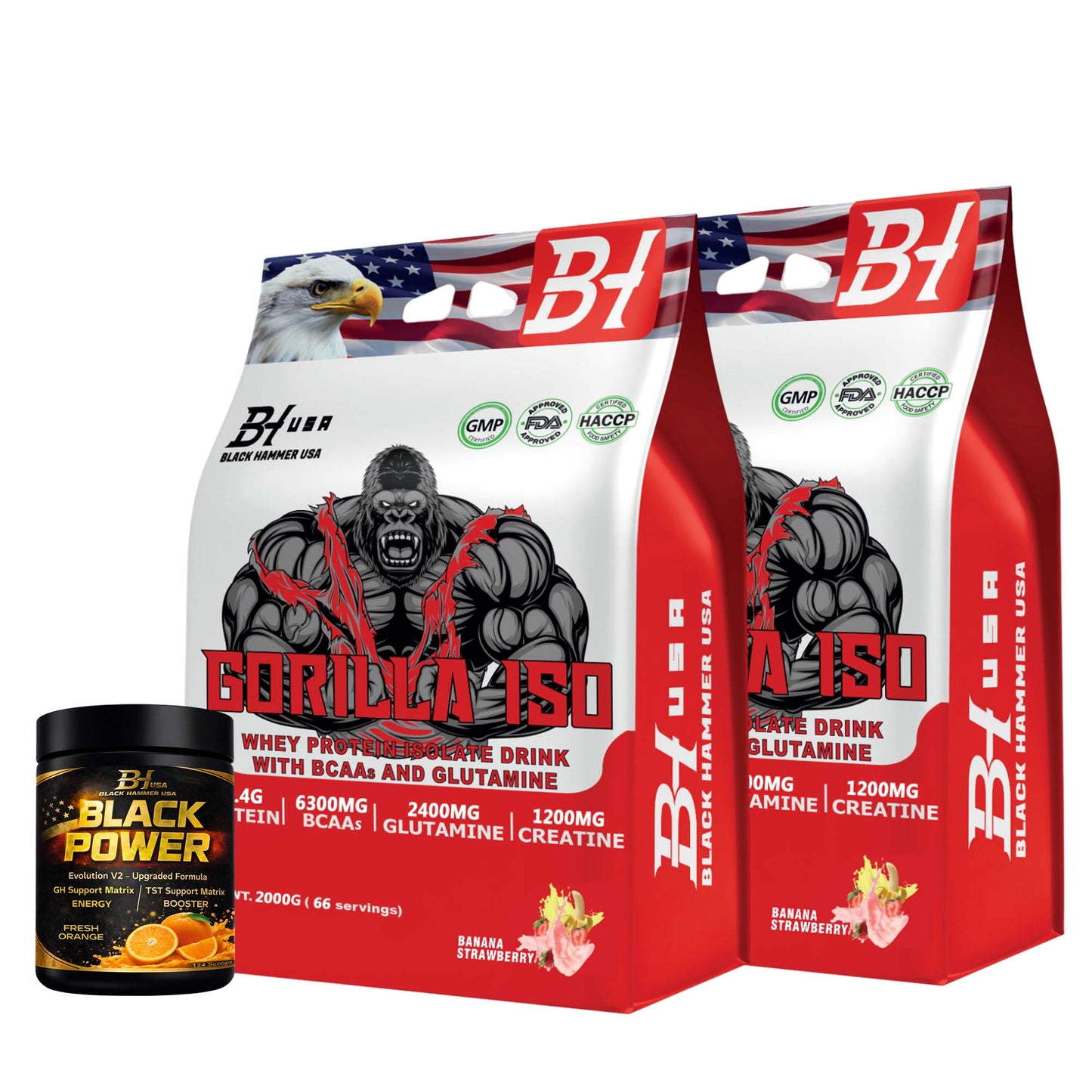 2× Gorilla ISO Whey Protein 2KG Banana Strawberry +Free Black Power Orange 620G