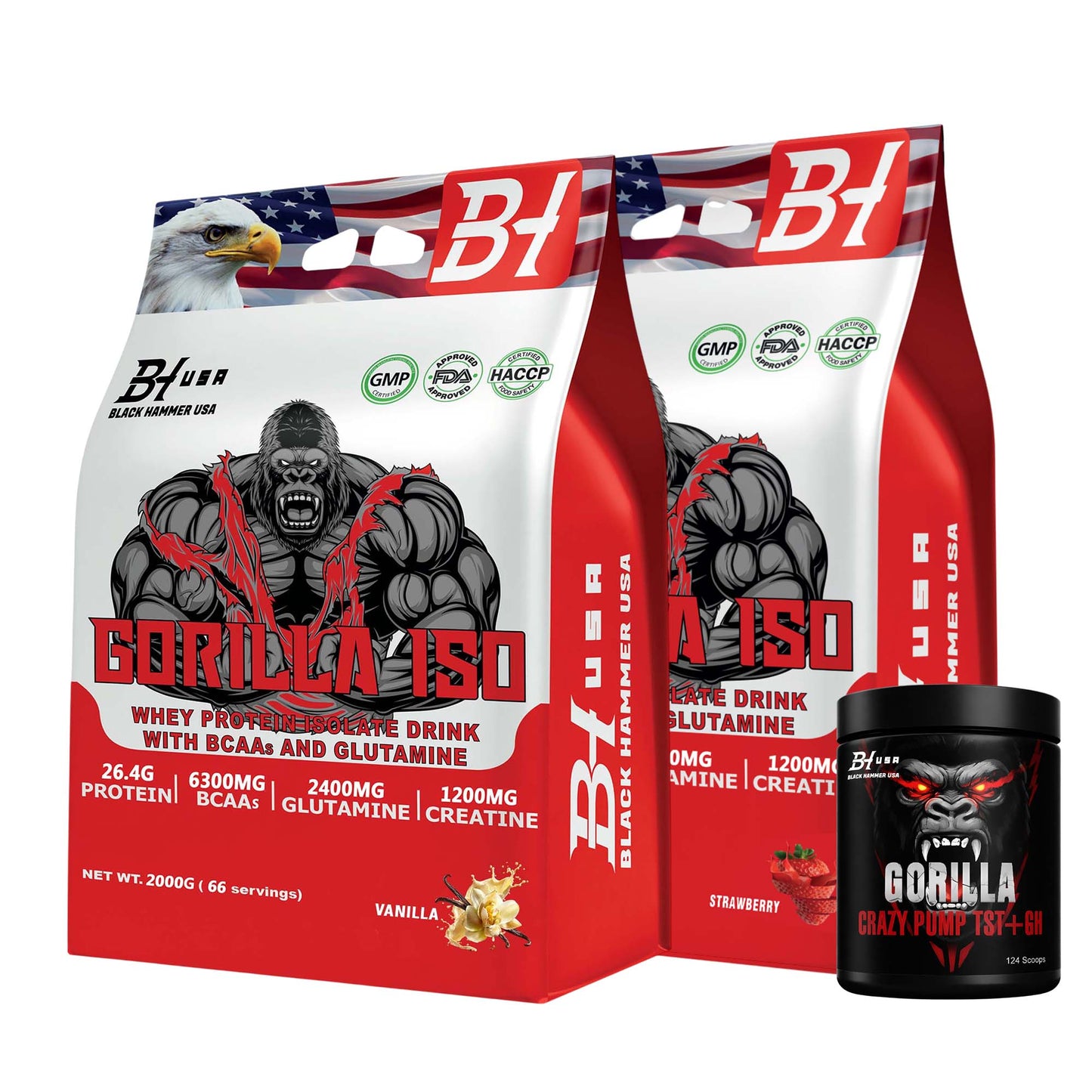 2× Gorilla ISO Whey 2KG – Vanilla & Straeberry+ Free Gorilla Crazy Pump