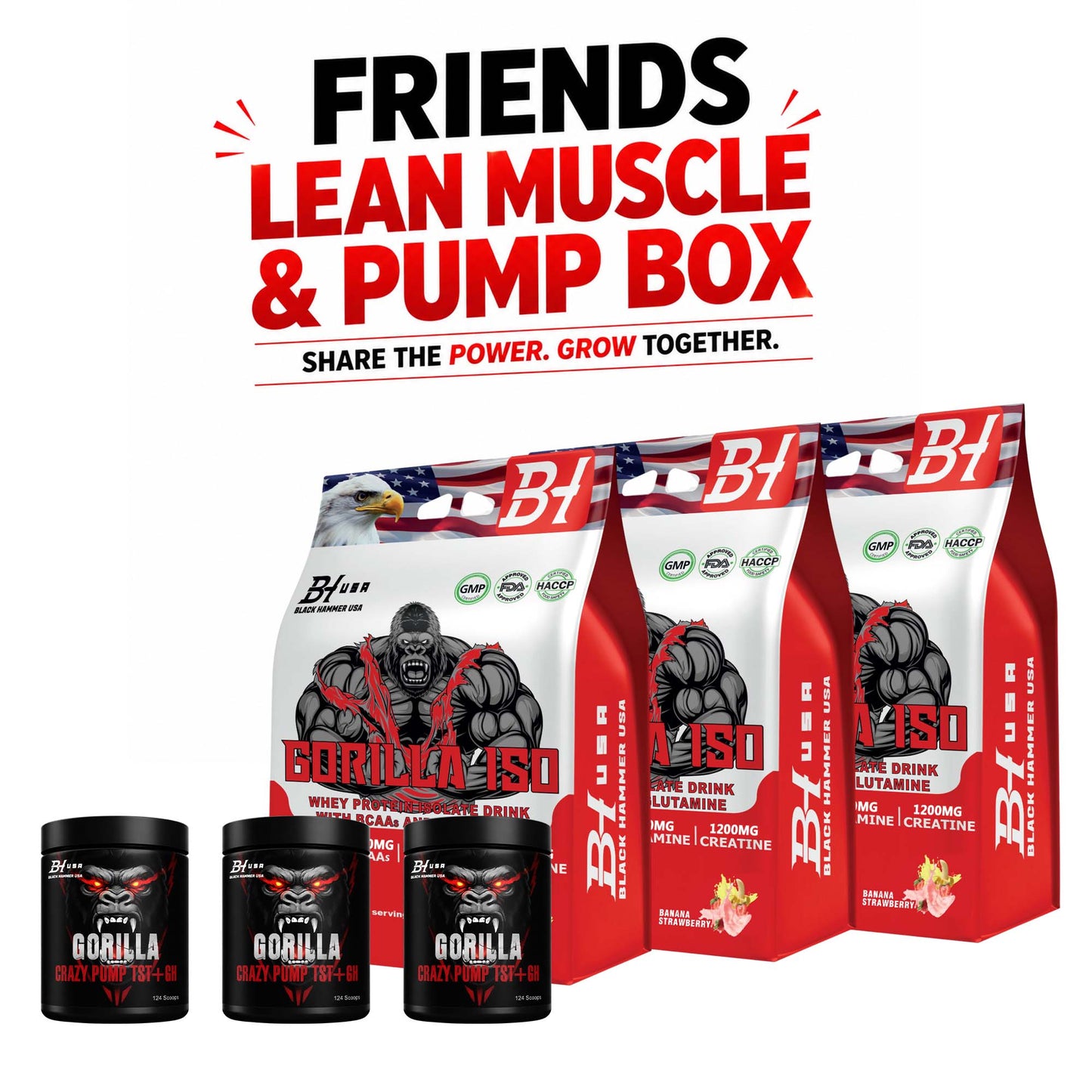 Friends Muscle & Pump Box – 3× Gorilla ISO 2KG Banana-Strawberry + Free 3× Gorilla Crazy