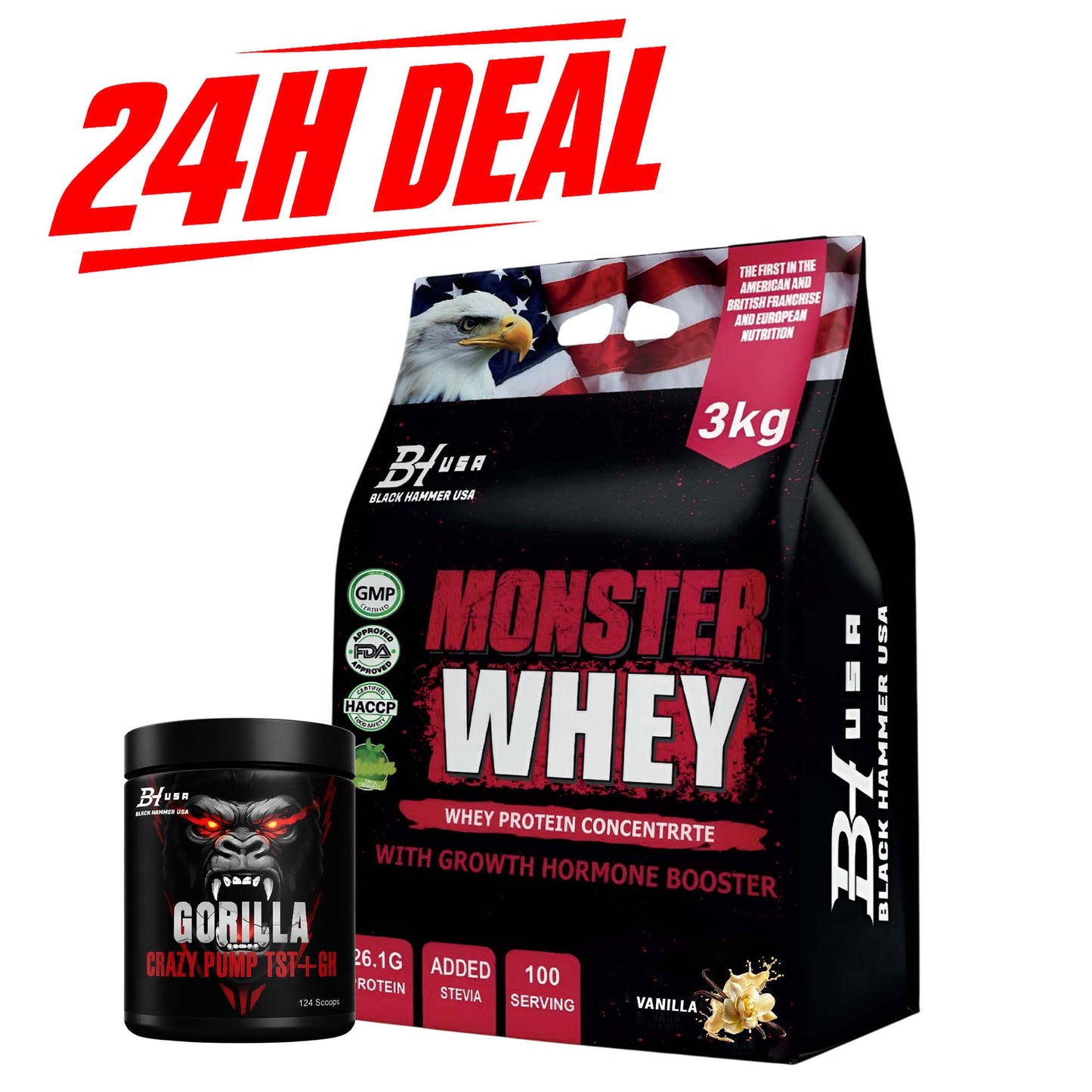 24H Deal: Monster Whey 3KG Vanilla + FREE Gorilla Crazy Pump_ SAVE 40%