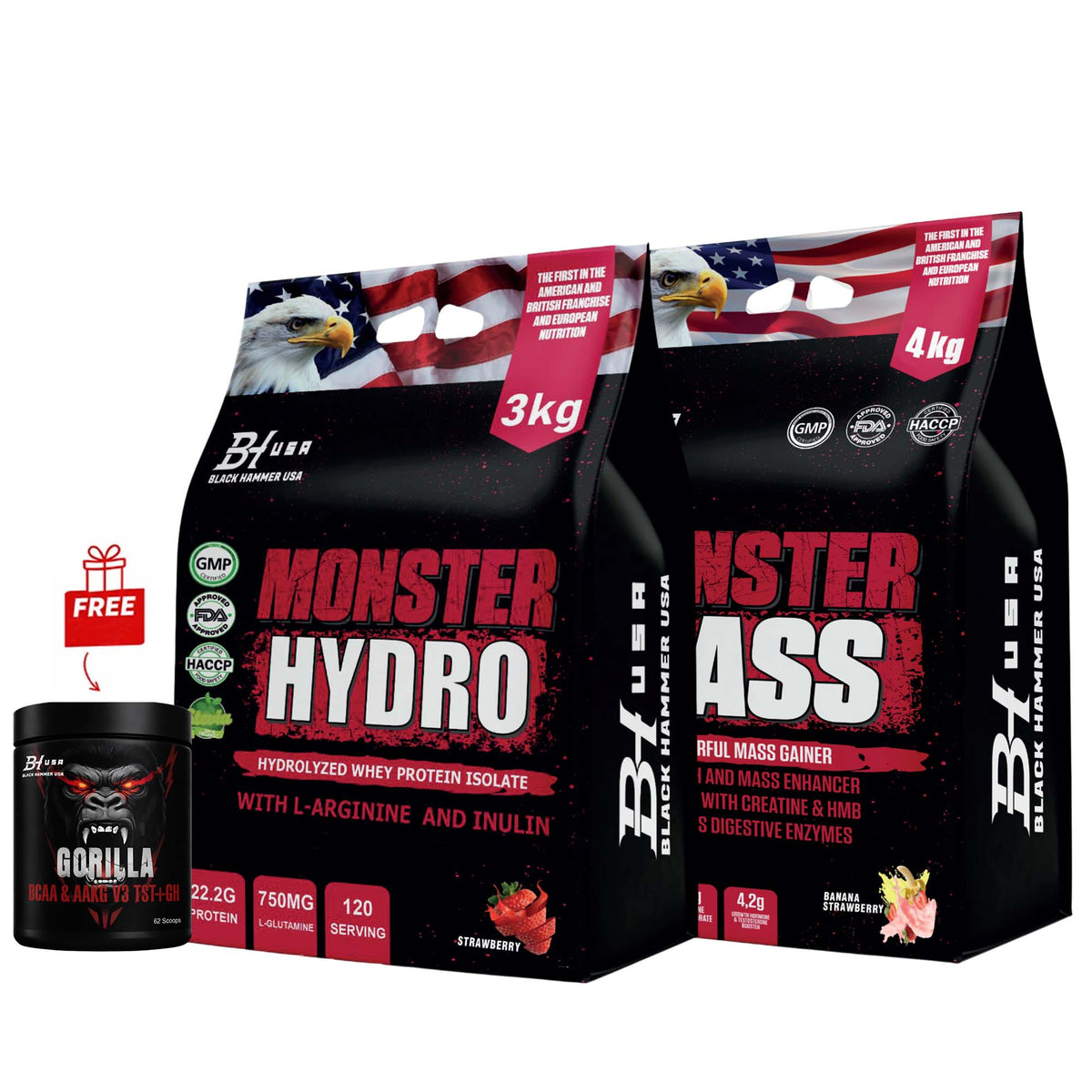 Monster Hydro 3KG Strawberry + Monster Mass 4KG Banana Strawberry + FREE BCAA