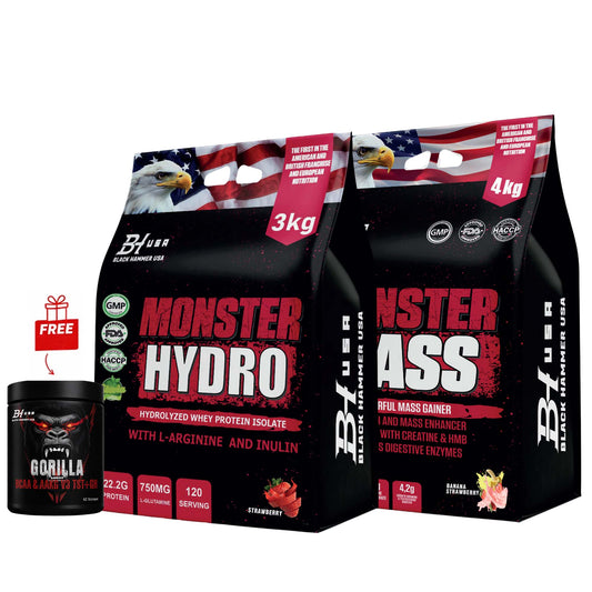 Monster Hydro 3KG Erdbeere + Monster Mass 4KG Banane Erdbeere + GRATIS BCAA