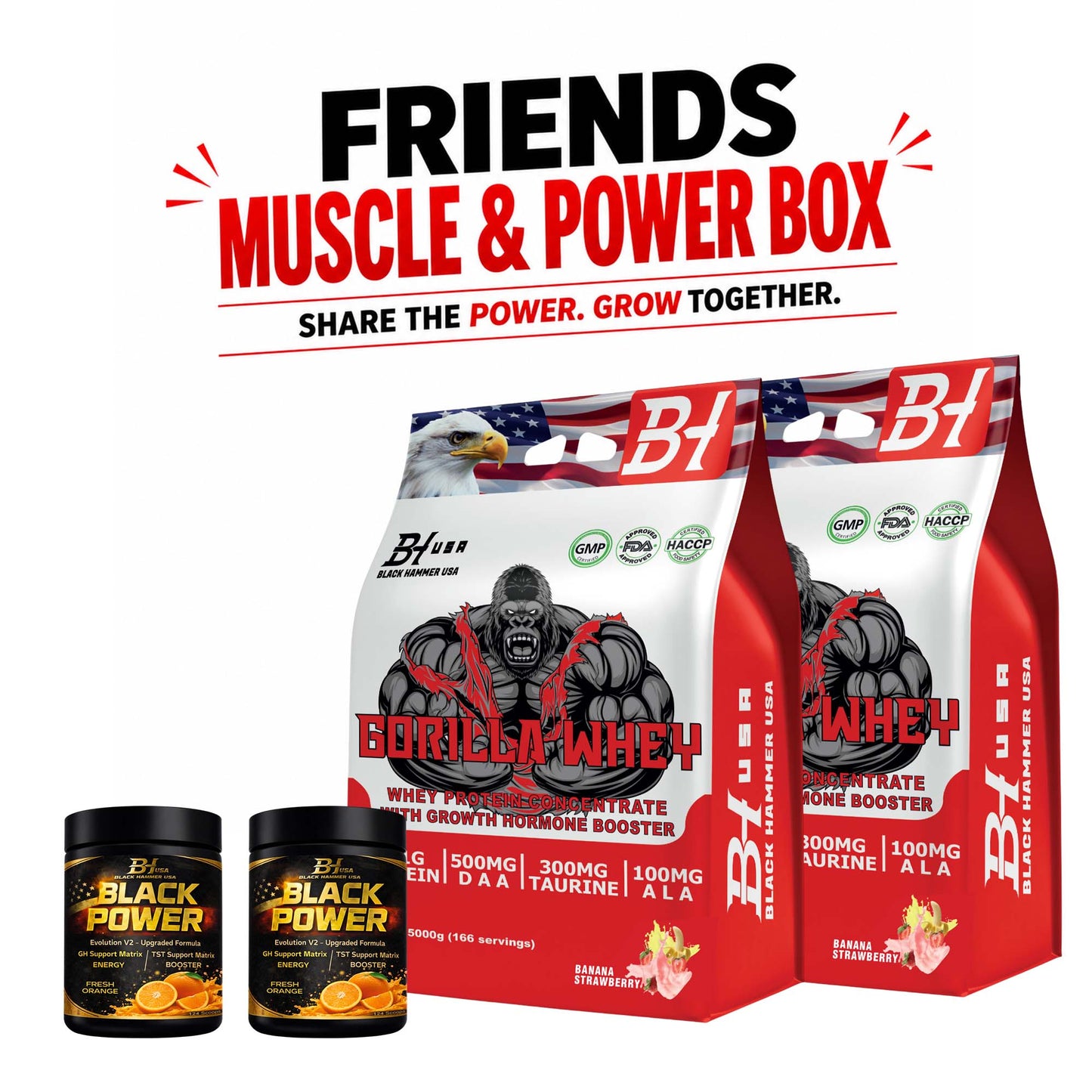 Friends Muscle & Power Box – 2× Gorilla Whey 5KG Banana-Strawberry + Free 2× Black Power Orange