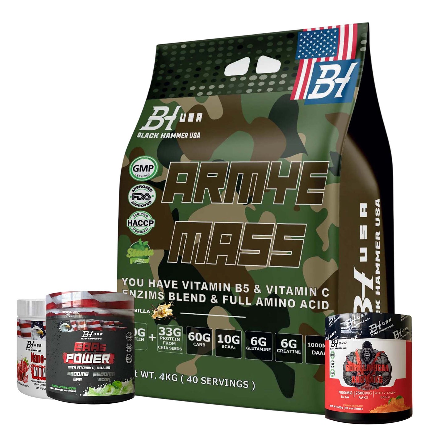 ARMYE Mass Gainer 4KG Vanilla + FREE EAAs, BCAA & Nano Creatine