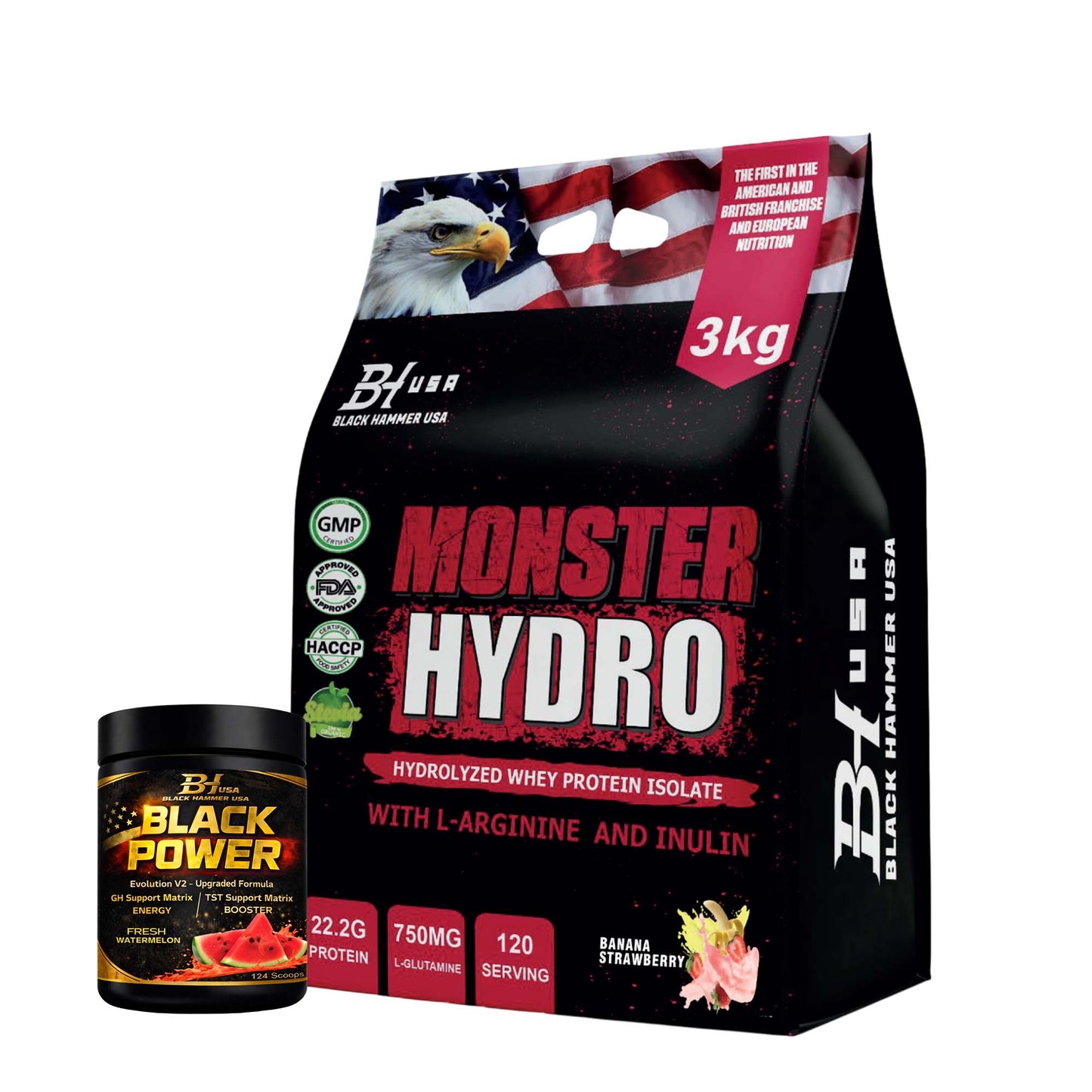 Monster Hydro Protein 3KG Banana Strawberry + FREE Black Power 620G Watermelon