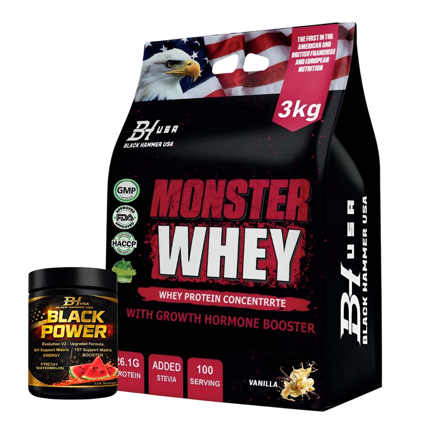 Monster Whey 3KG Vanilla + FREE Black Power Watermelon Pre-Workout