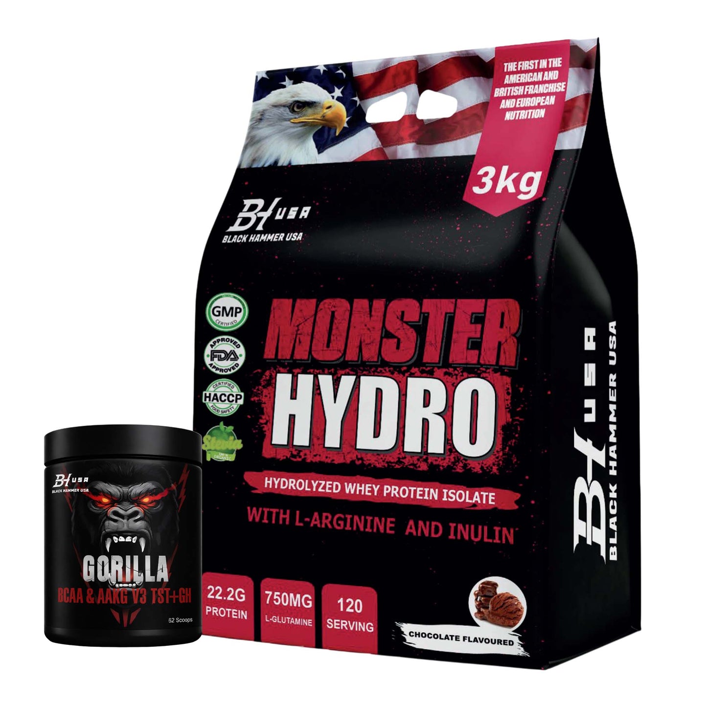 Monster Hydro Whey Protein 3 kg Schokolade + Gorilla BCAA 620 g