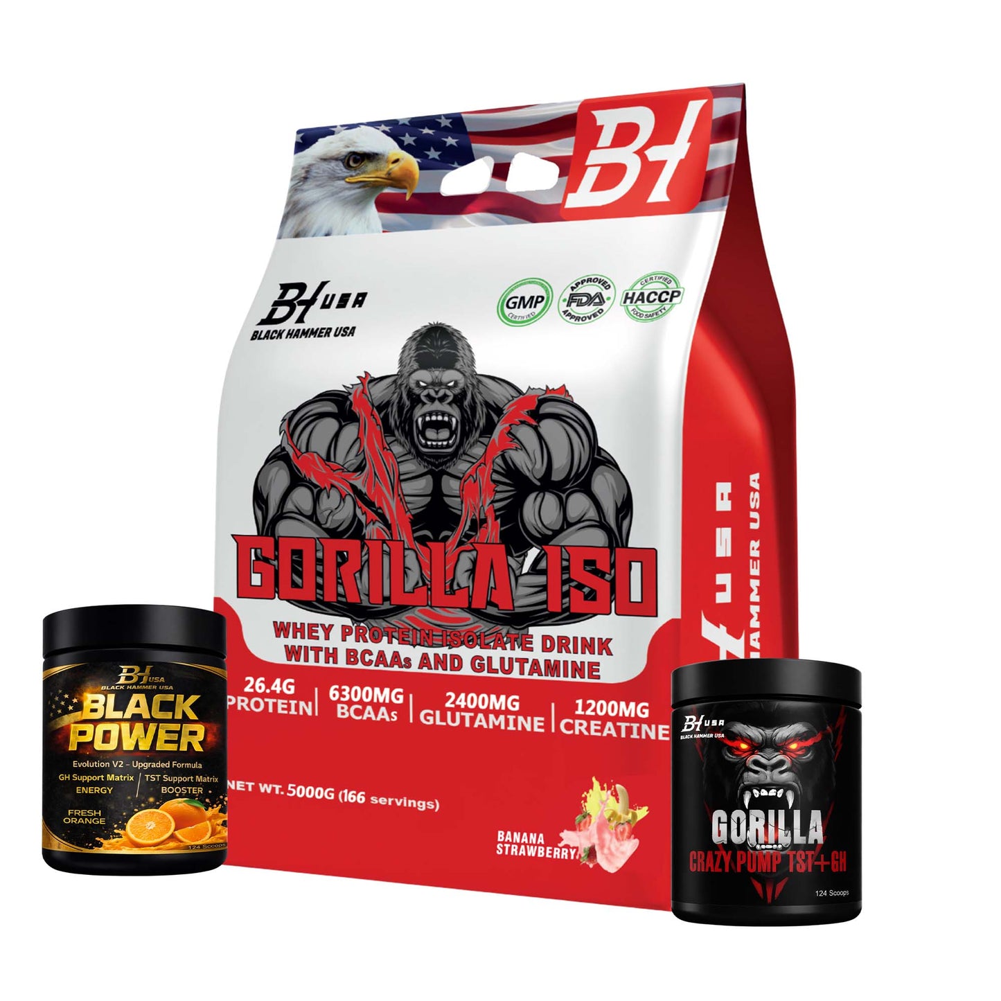 Gorilla ISO Whey 5KG BananaStrawberry + Gorilla Crazy Pump & Black Power Orange