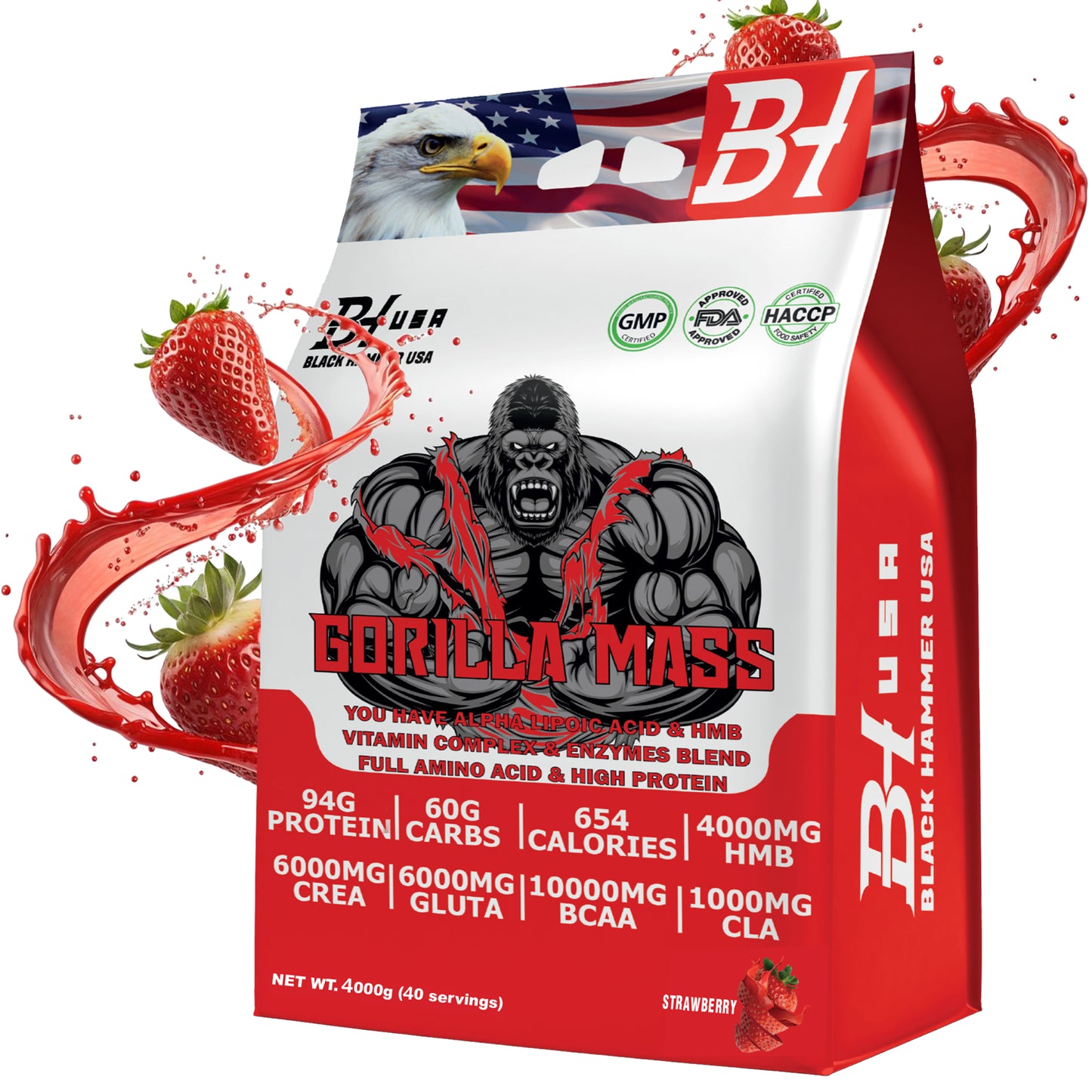 Gorilla Mass 4KG Strawberry + FREE EAAs & BCAA