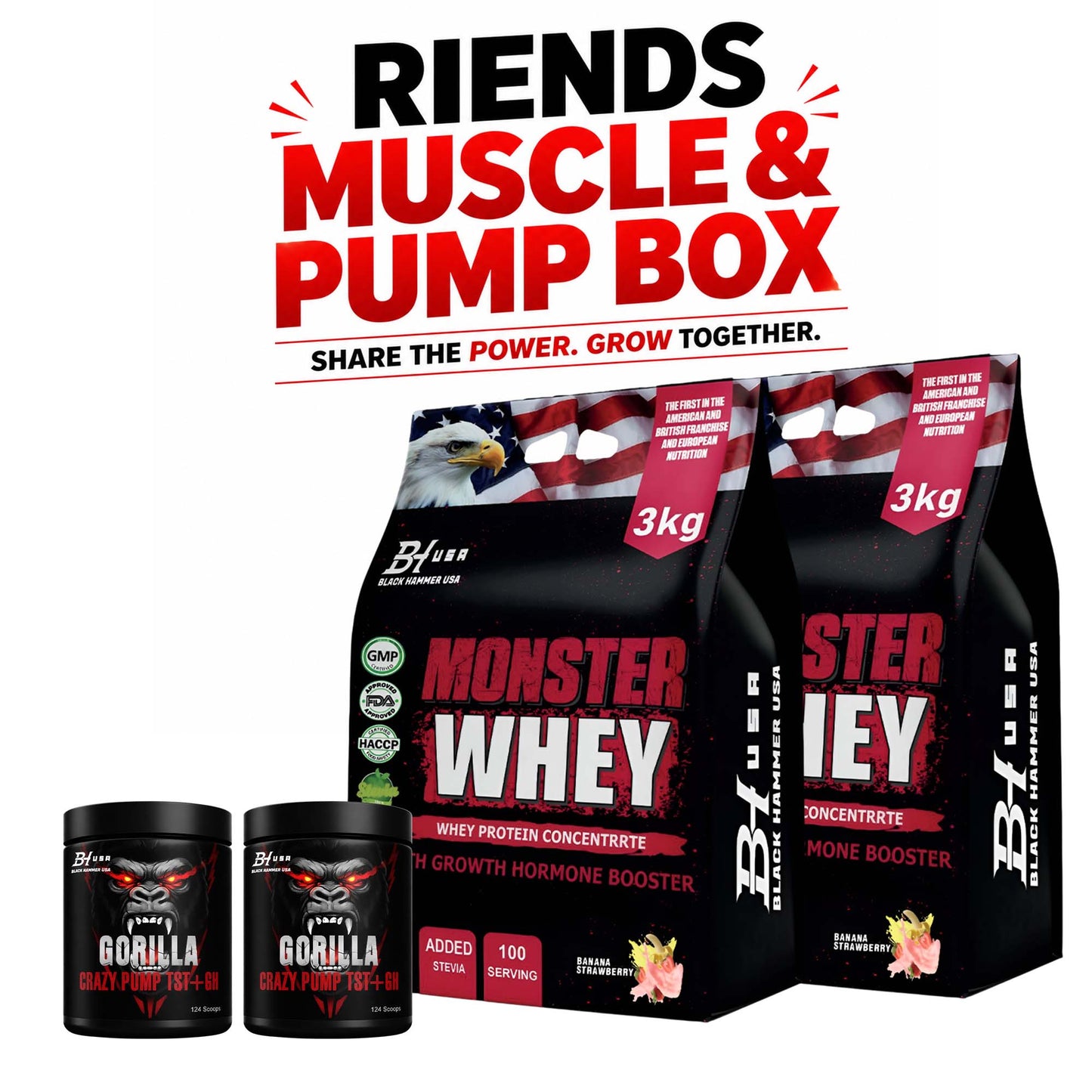 Friends Muscle & Pump Box – 2× Monster Whey 3KG Banana-Strawberry + Free 2× Gorilla Crazy