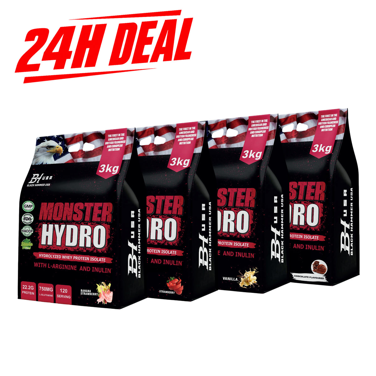 24H DEAL: 4× MONSTER Hydro 3KG – All 4 Flavors