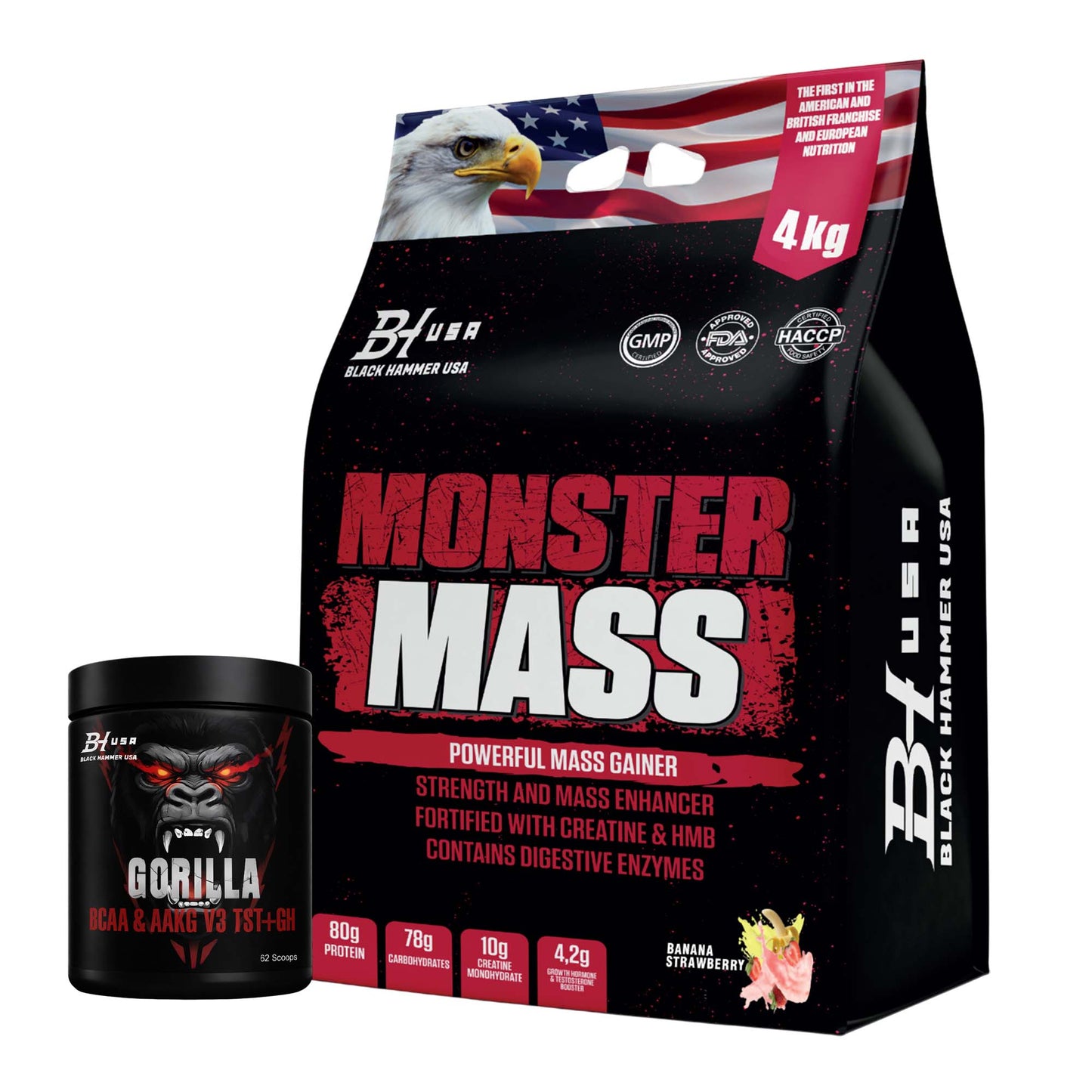 Monster Mass Gainer 4 kg Banane-Erdbeere + Gorilla BCAA 620 g