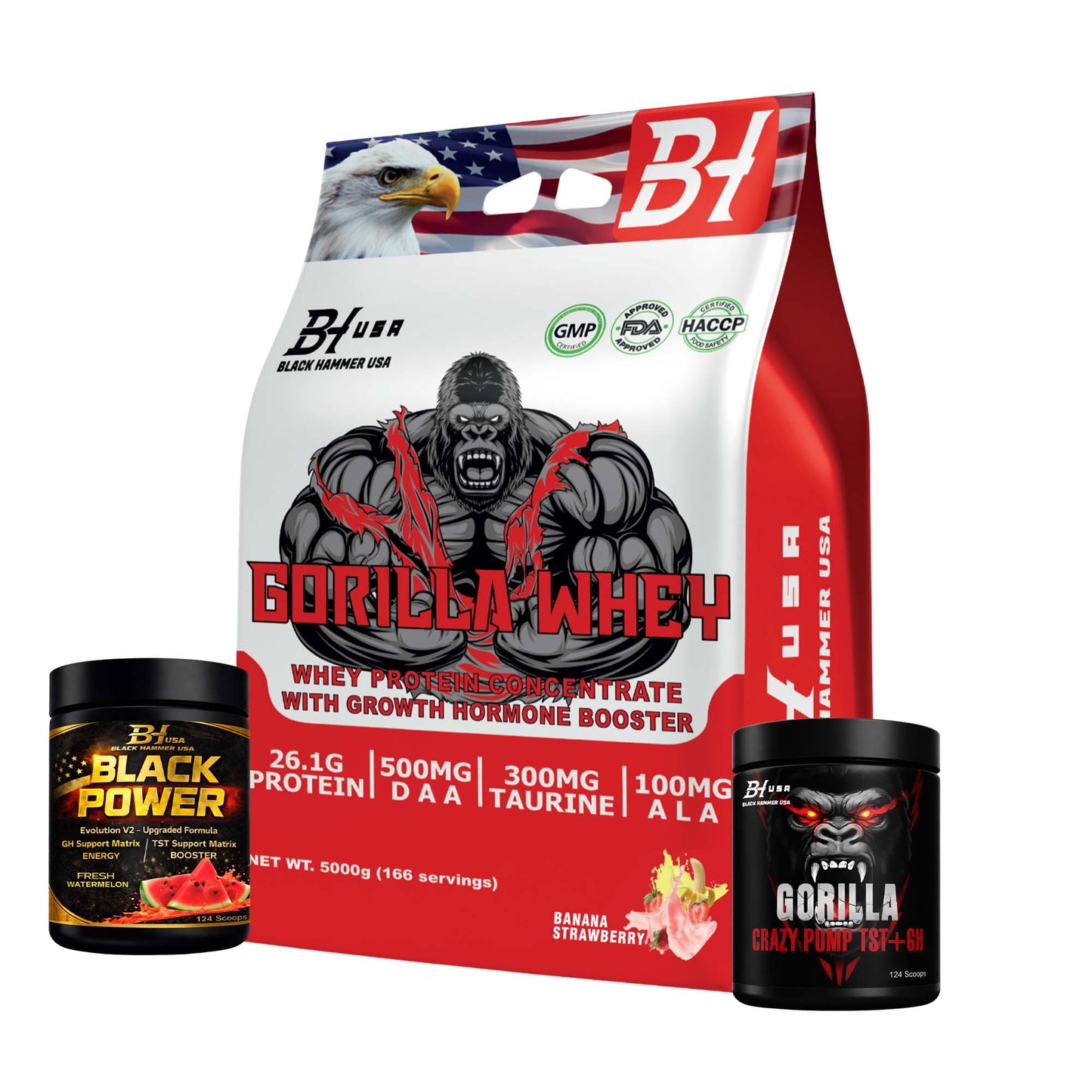 Gorilla Whey 5KG BananaStrawberry + Gorilla Crazy Pump Orange + Black Power Watermelon