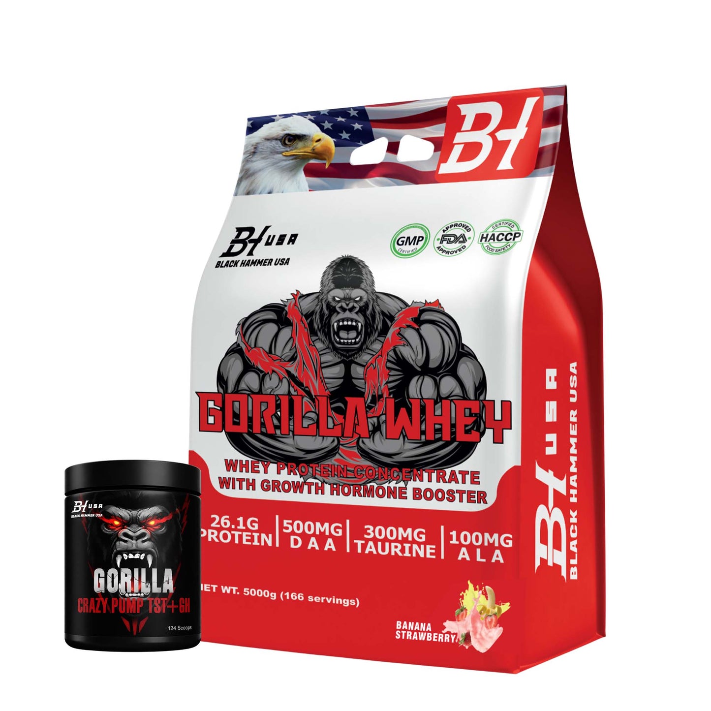 Gorilla Whey Protein 5KG Banana Strawberry + FREE Gorilla Crazy Pump 620G
