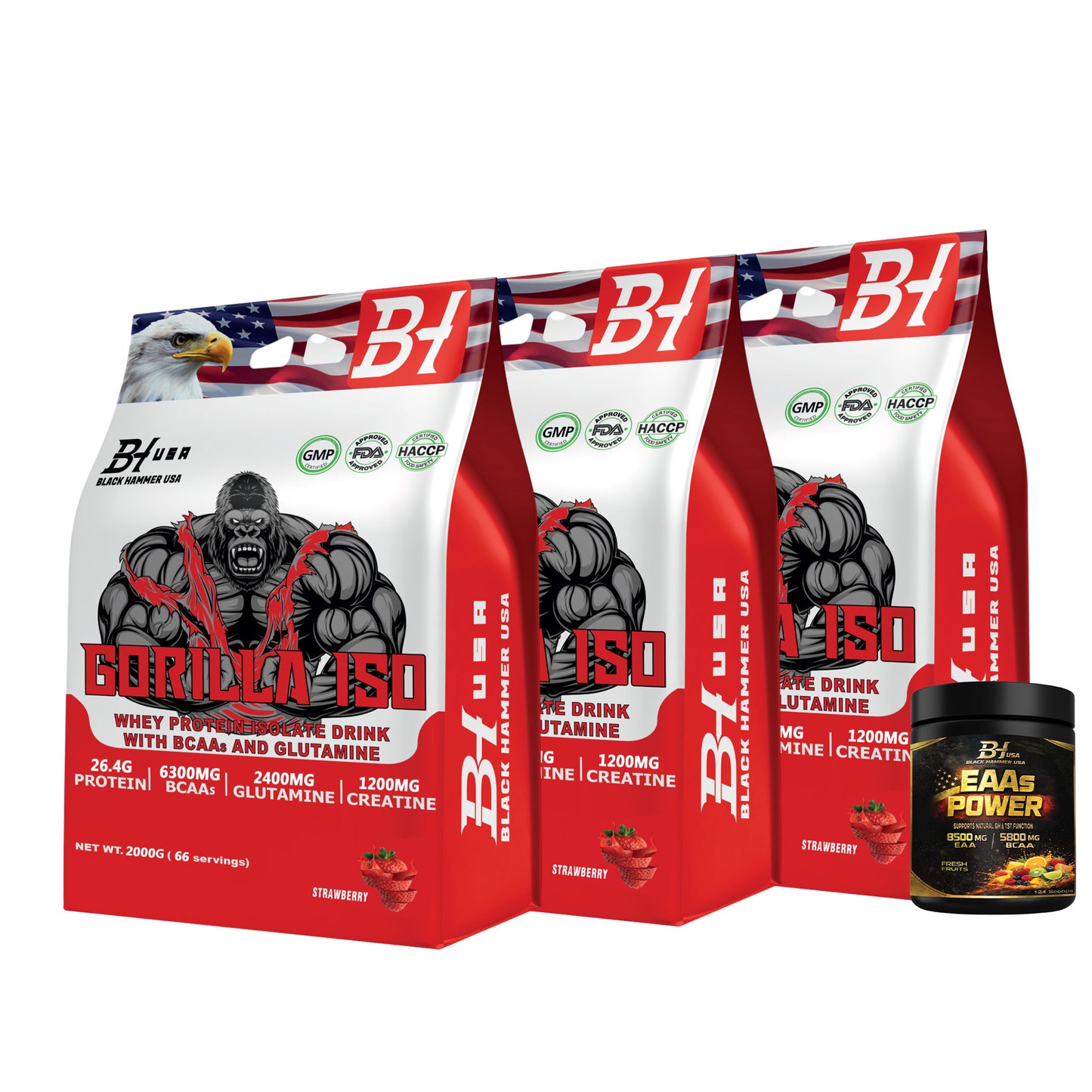 3× Gorilla ISO Whey Protein 2KG Strawberry + FREE EAAs 620G
