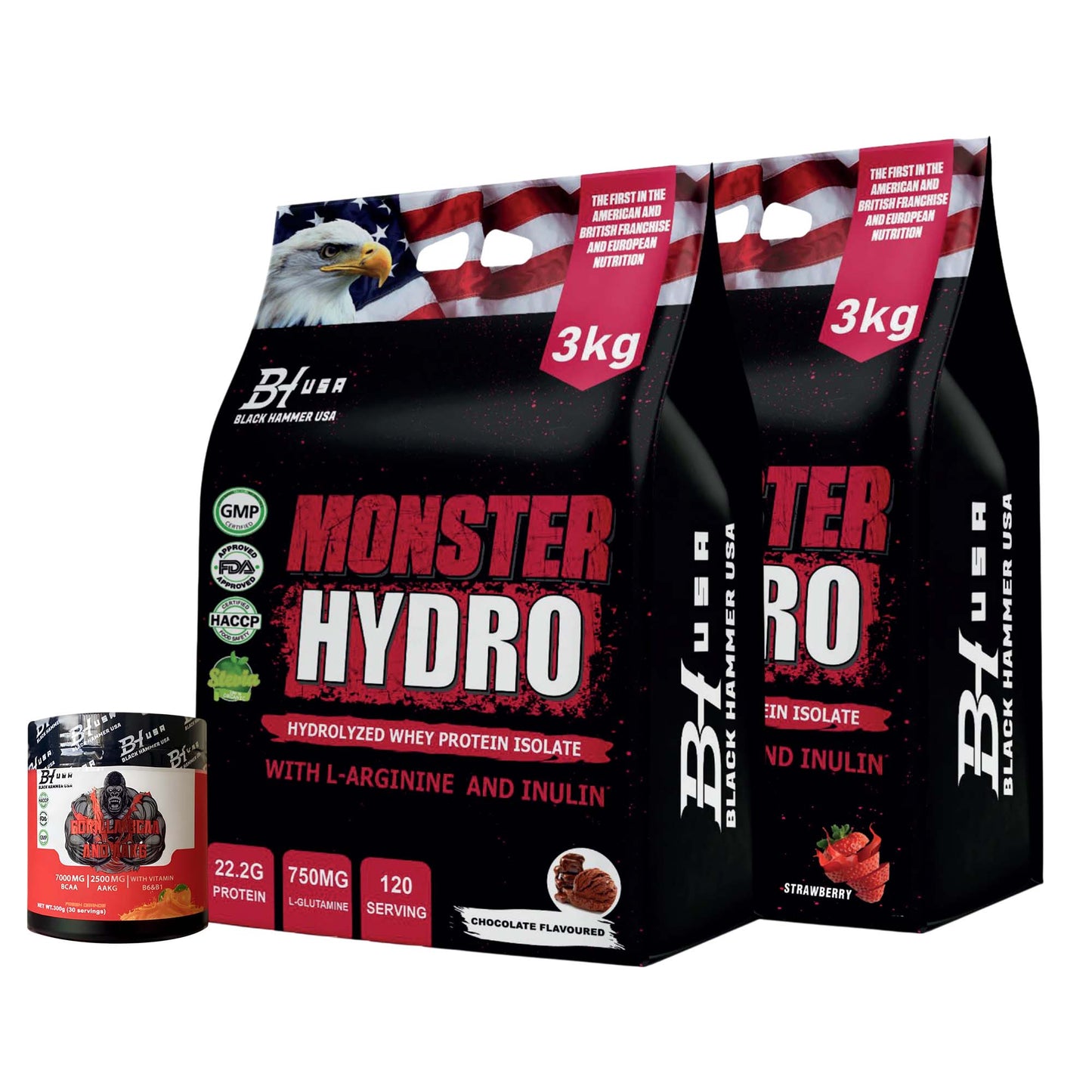 2-Pack Monster Hydro 3kg Strawberry & Chocolate + FREE BCAA