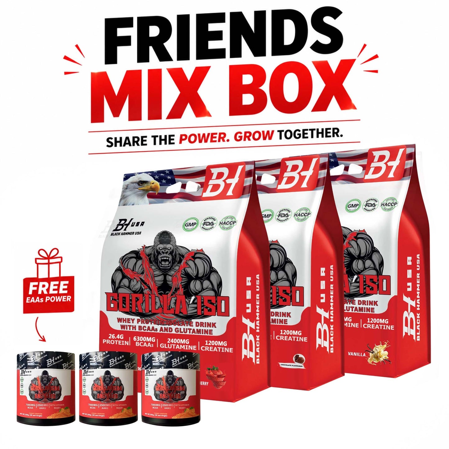 Friends Mix Box – 3x Gorilla ISO Whey Protein 2kg + 3 FREE BCAA | Black Hammer USA