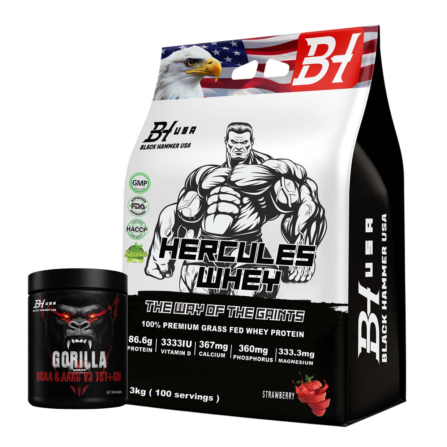 Hercules Whey Protein 3 kg Erdbeere + Gorilla BCAA 620 g