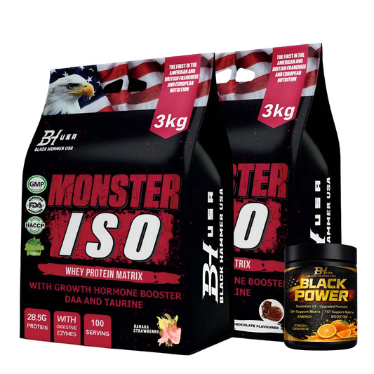 2× Monster ISO 3KG – Banana Strawberry & Chocolate + FREE Black Power Orange