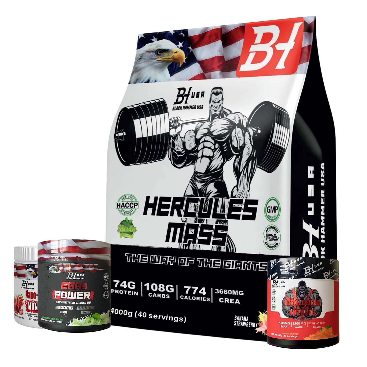 Hercules Mass Gainer 4KG Banana Strawberry + FREE EAAs, BCAA & Nano Creatine