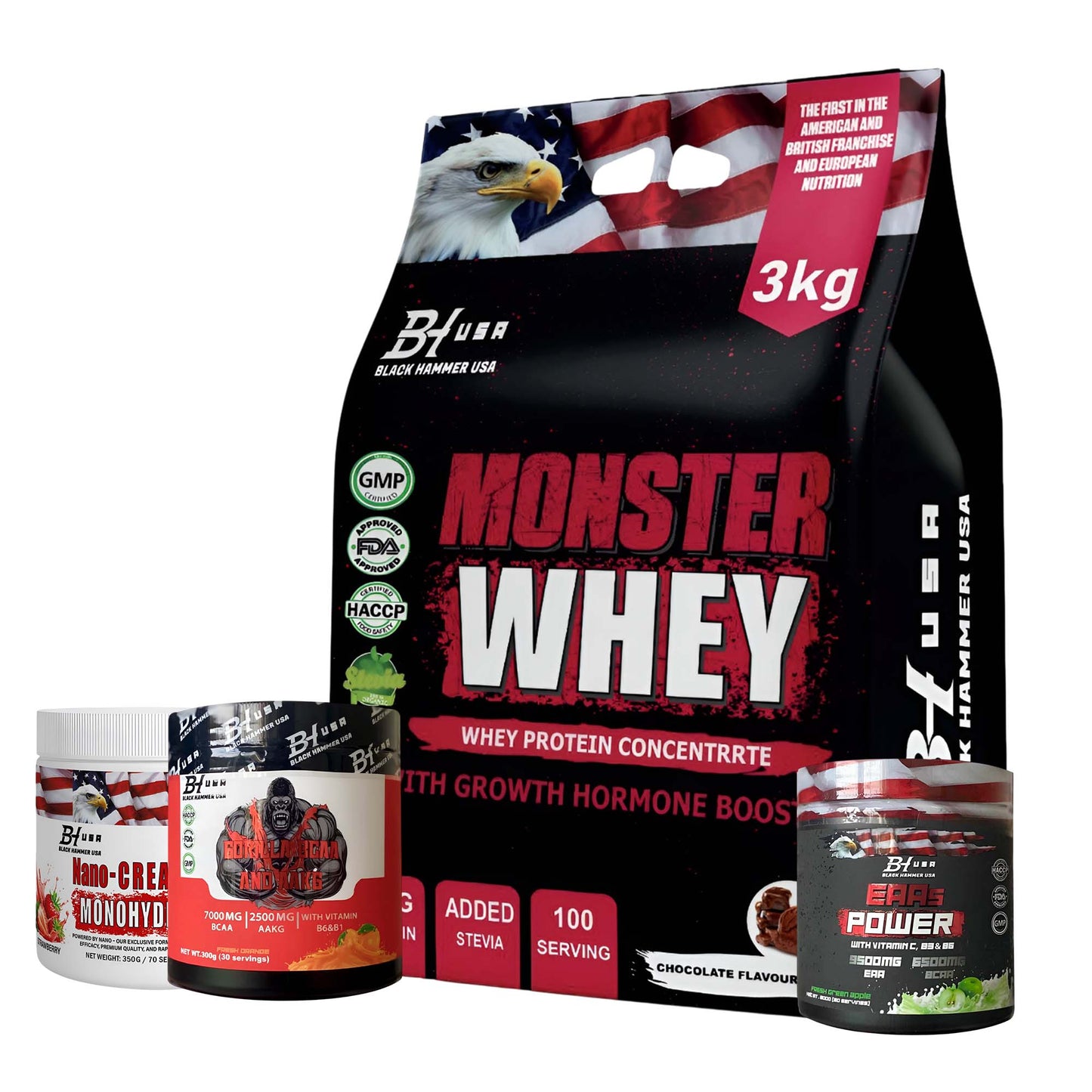 Monster Whey Protein 3KG + EAA + BCAA + Nano Creatine Bundle