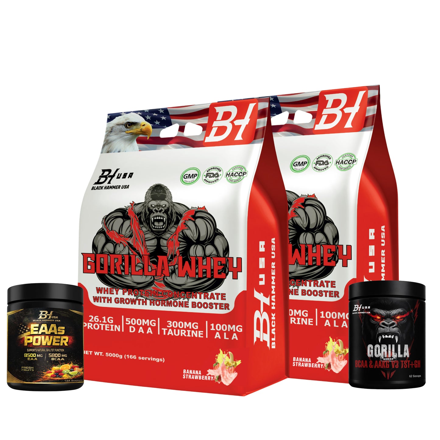 2× Gorilla Whey Protein 5KG Banana Strawberry + BCAA 620G + EAAs 620G