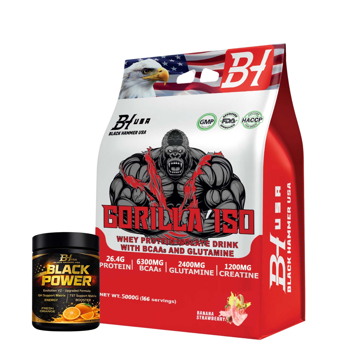Gorilla ISO Whey Protein 5KG Bananastrawberry +Black Power 620G Orange