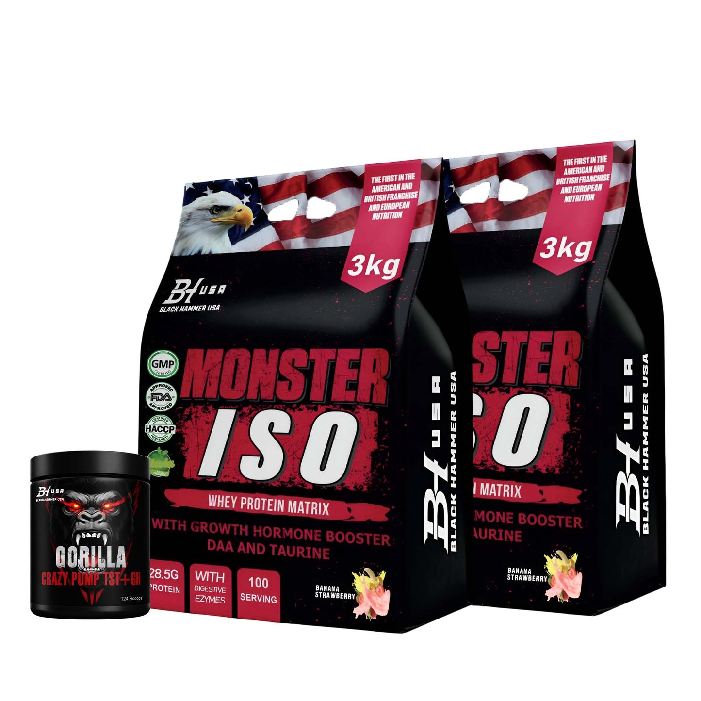 2× Monster ISO 3KG Banana-Strawberry +Free Gorilla Crazy Pump _ Save 40%