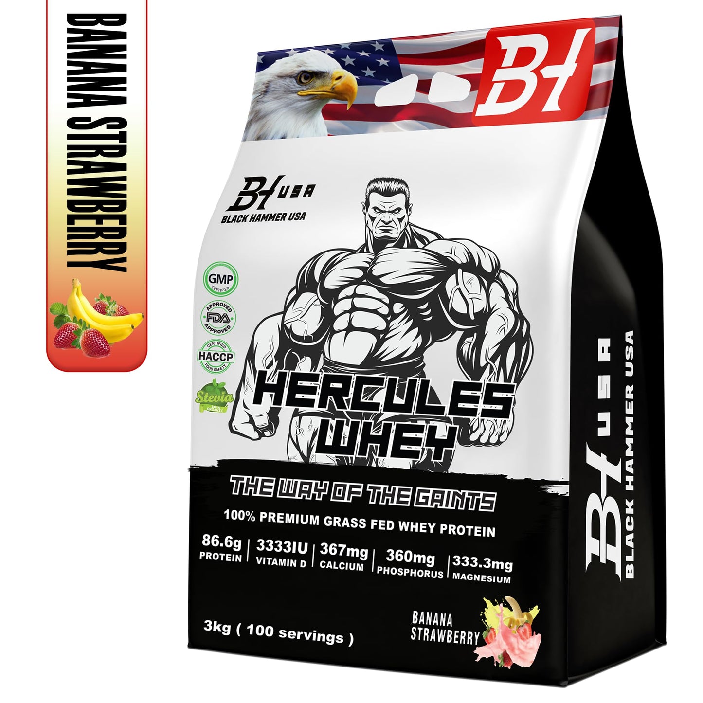 Hercules Whey 3KG Banana Strawberry + BCAA 620G + FREE Gorilla Crazy Pump