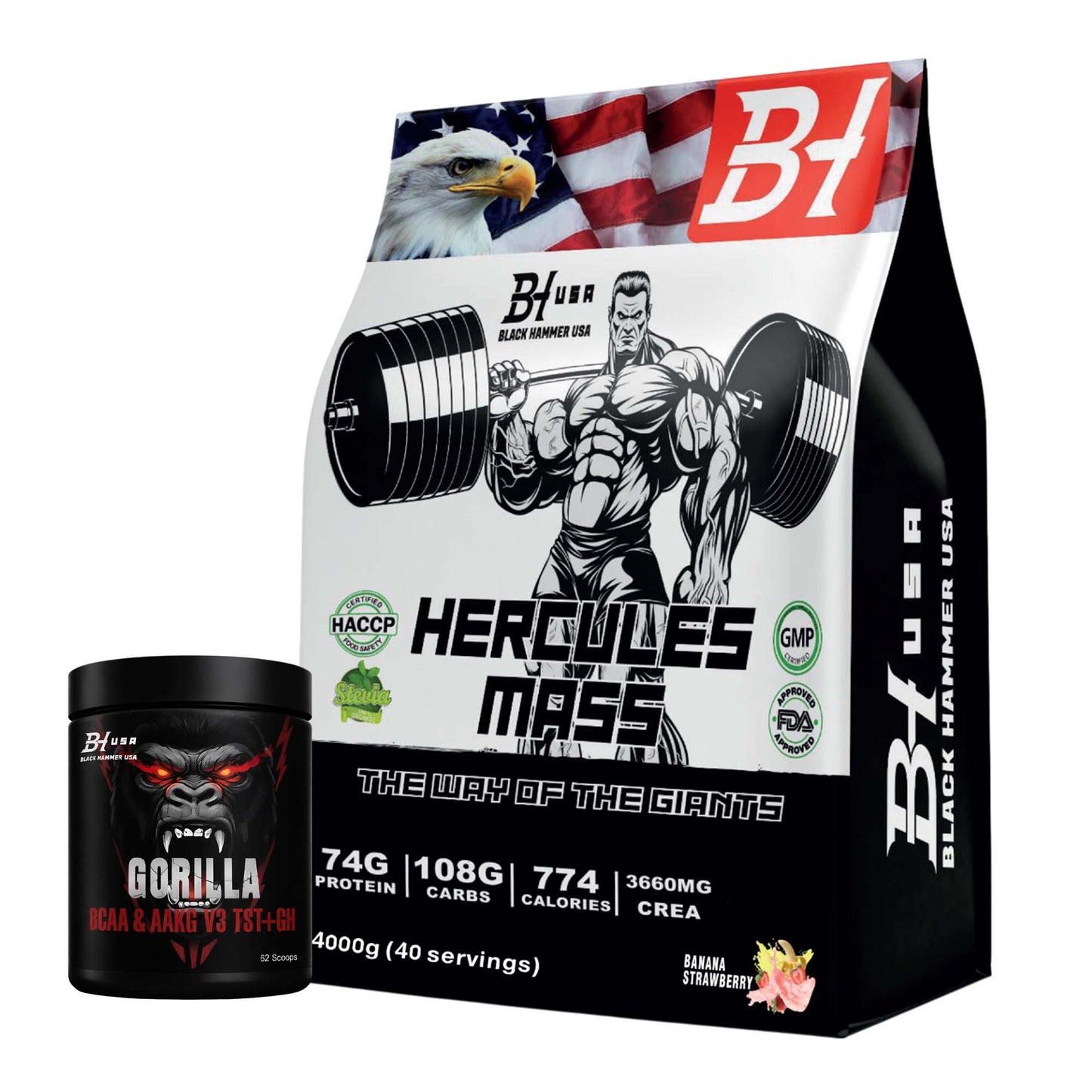 Hercules Mass Gainer 4 kg Banane-Erdbeere + Gorilla BCAA 620 g
