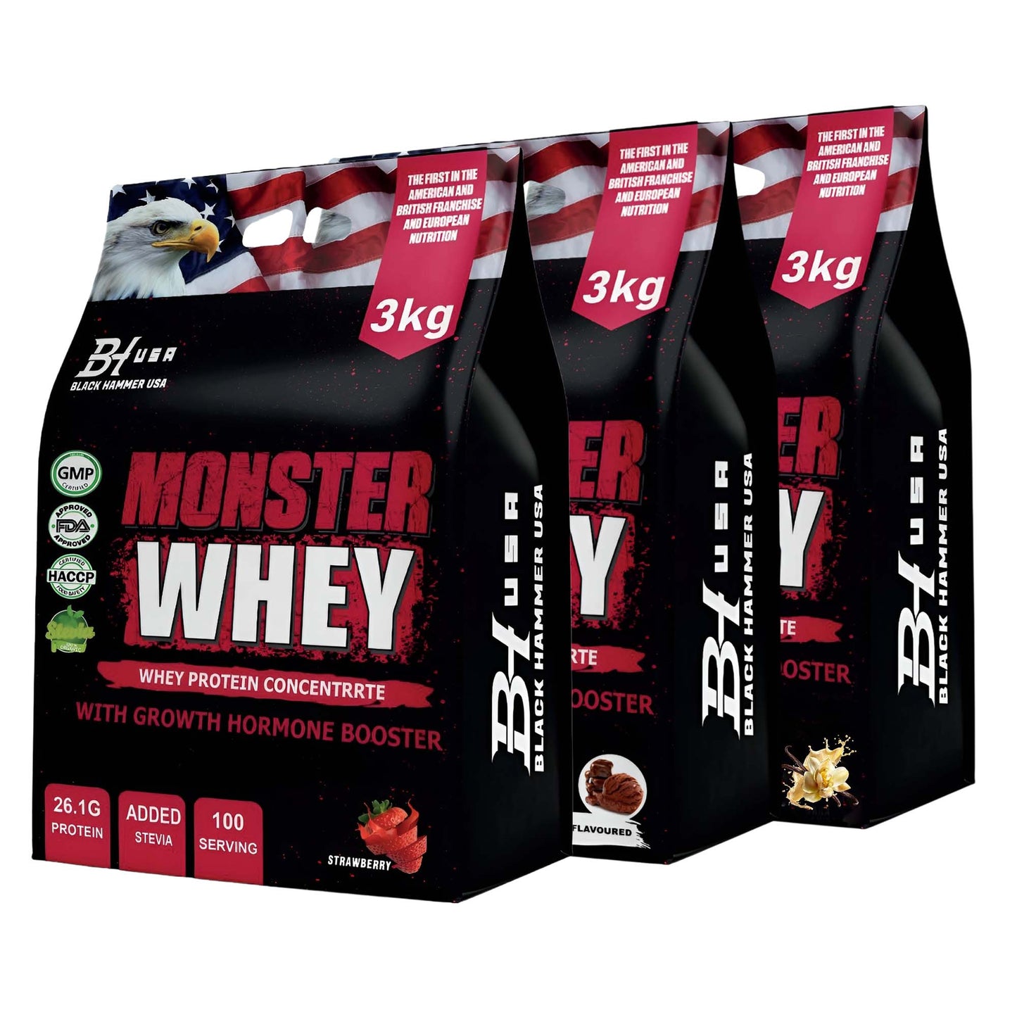 Special Offer – 3× Monster Whey 3KG Vanilla, Chocolate & Strawberry – Save 50%