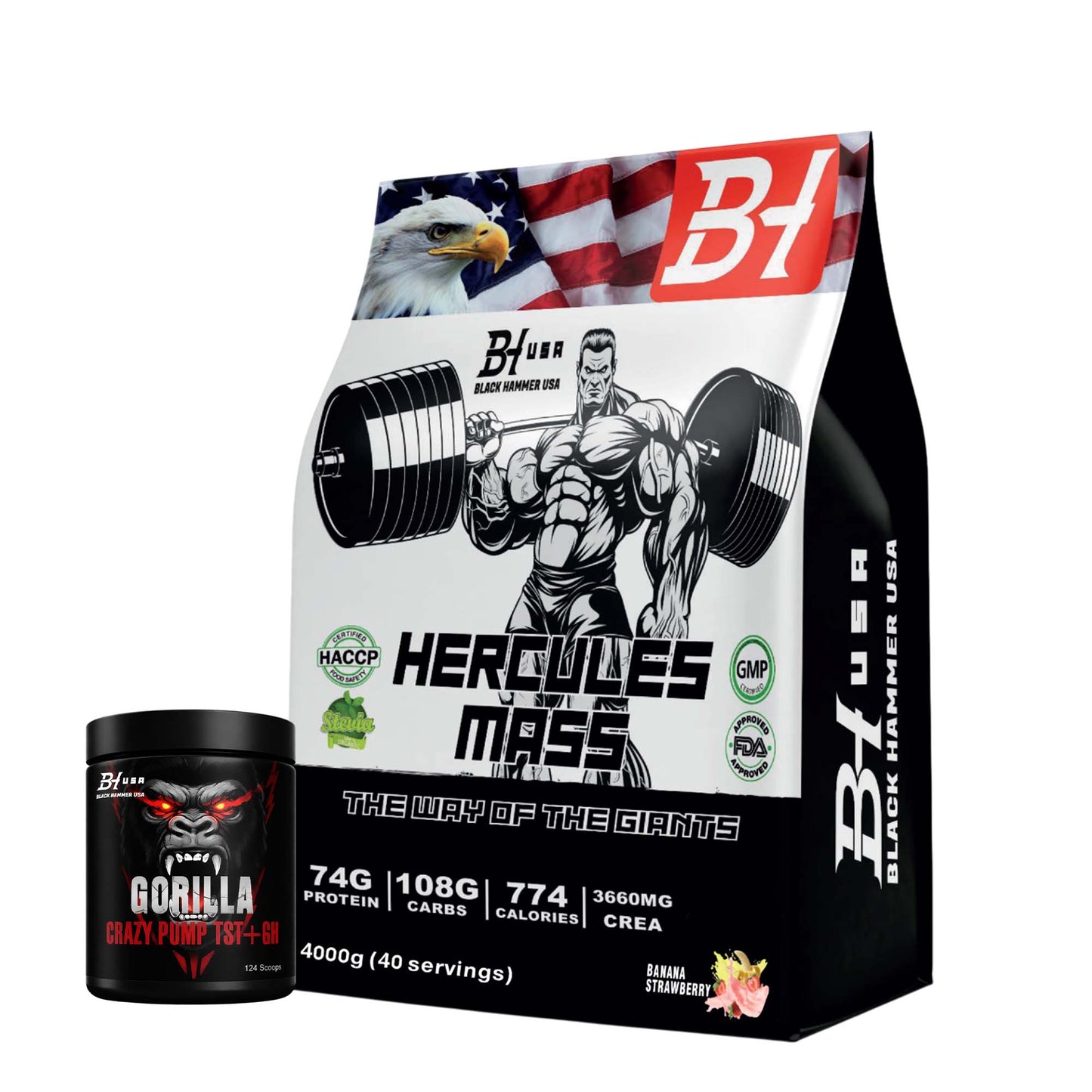 Hercules Mass Gainer 4KG Banana Strawberry + FREE Gorilla Crazy Pump 620G Orange