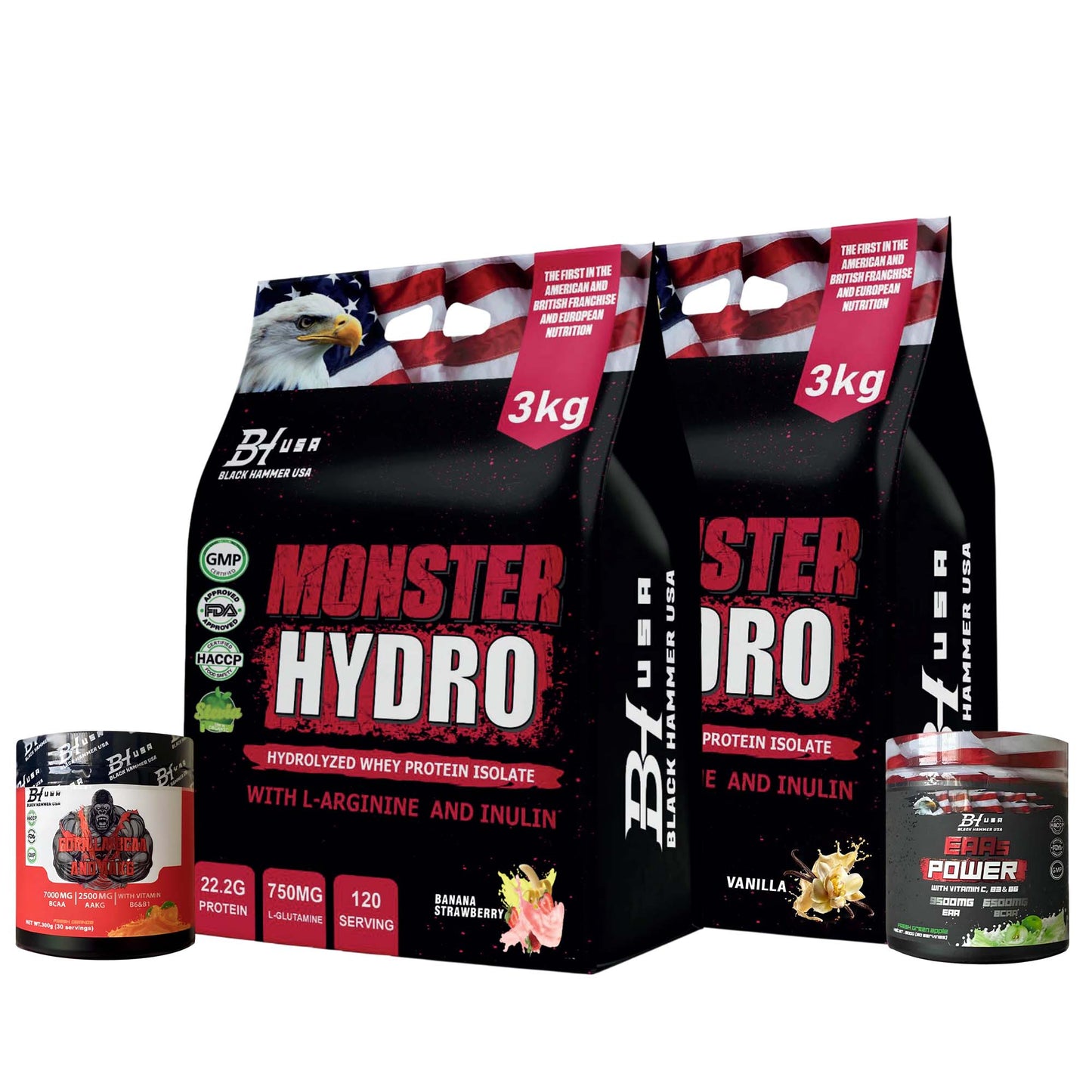 2× Monster Hydro 3KG Vanilla & Banana-Strawberry +Free EAA & BCAA _ Save 40%