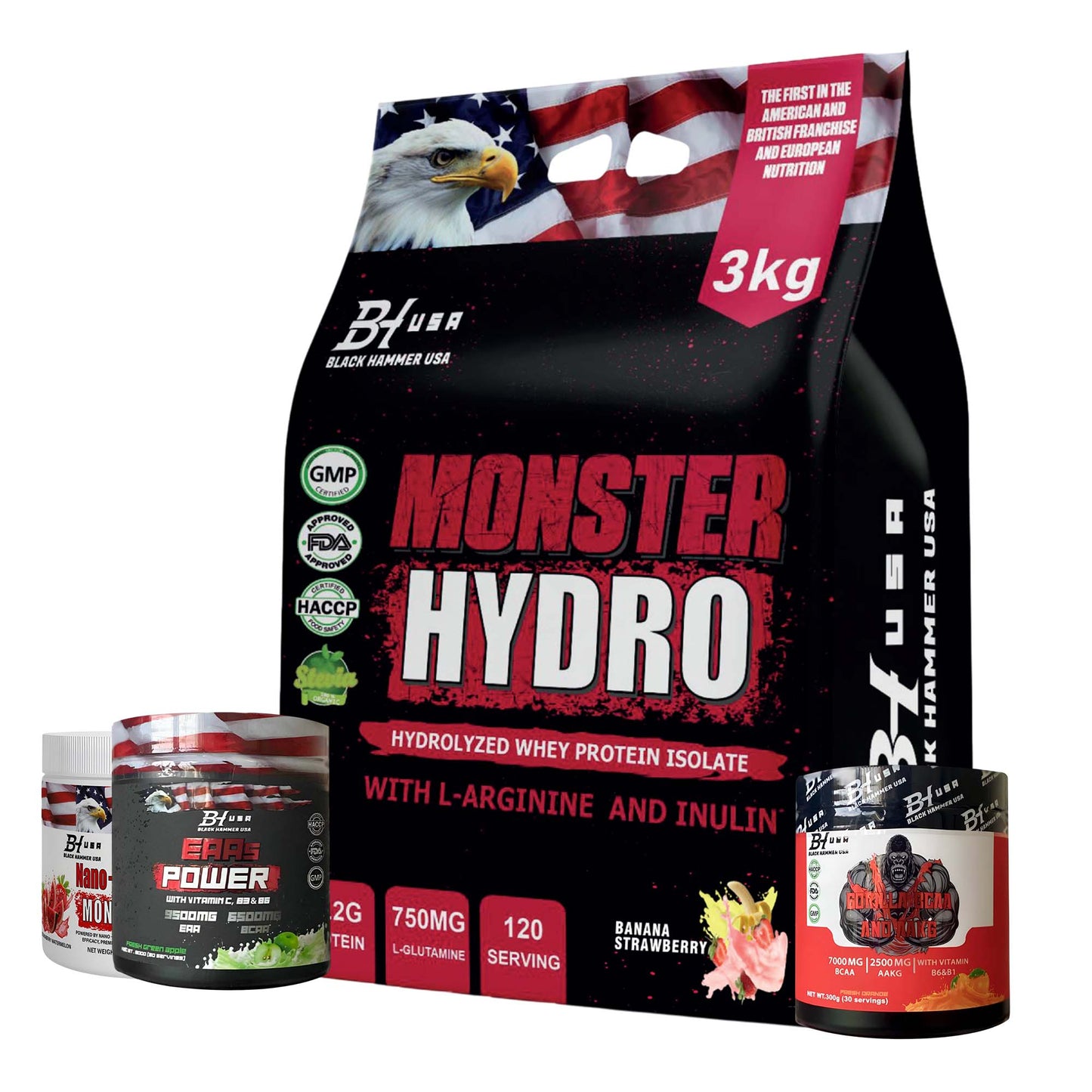 Monster Hydro Whey Protein 3KG Banana Strawberry + FREE EAAs, BCAA & Nano Creatine