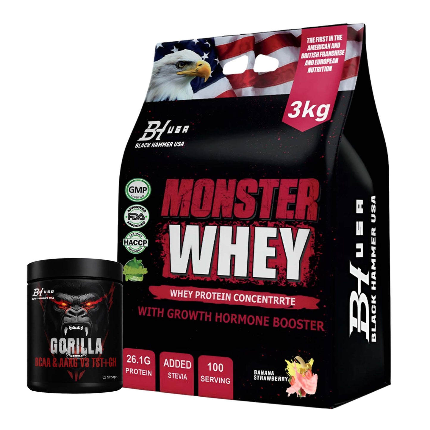 Monster Whey Protein 3 kg Banane-Erdbeere + Gorilla BCAA 620 g