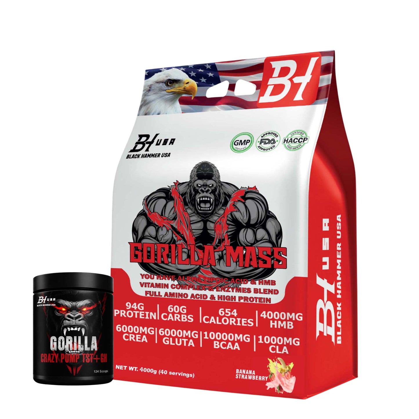 Gorilla Mass Gainer 4KG Banana Strawberry + FREE Gorilla Crazy Pump 620G Orange