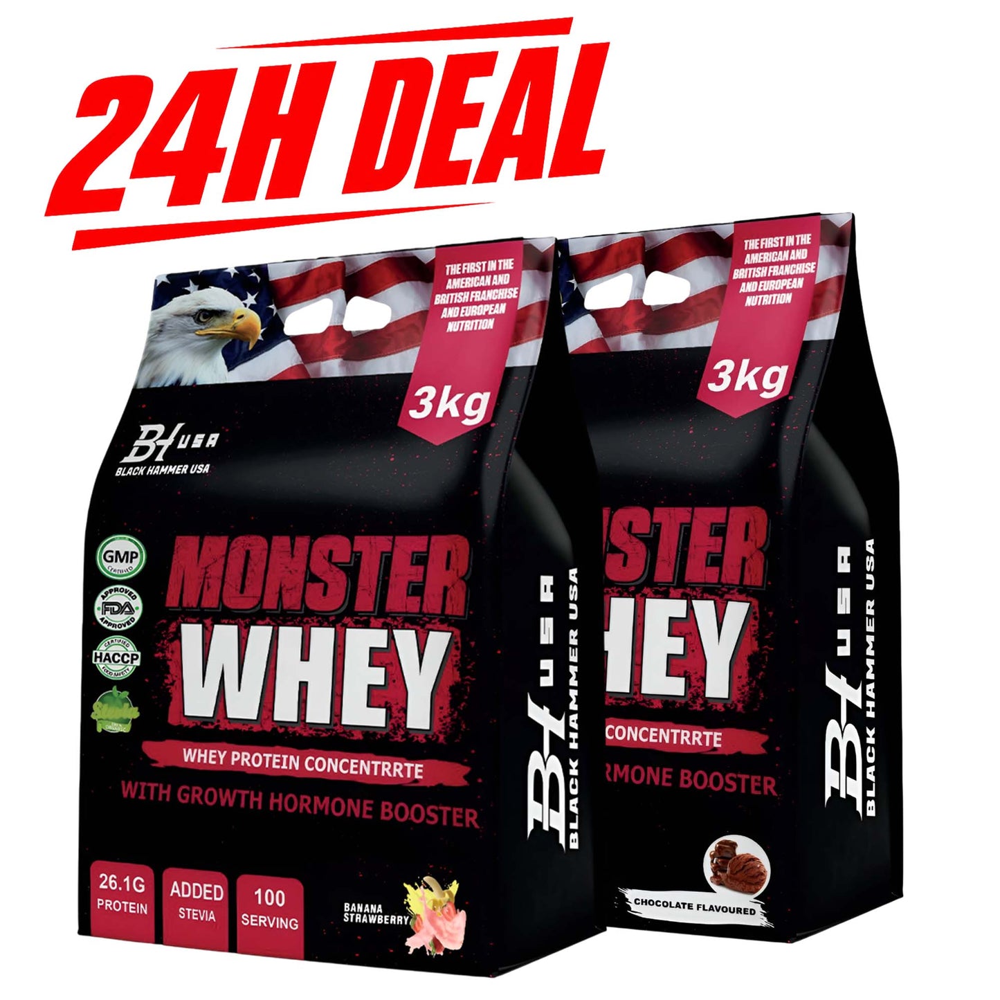 24H Deal: 2x Monster Whey 3KG Chocolate + Banana Strawberry_Save40%