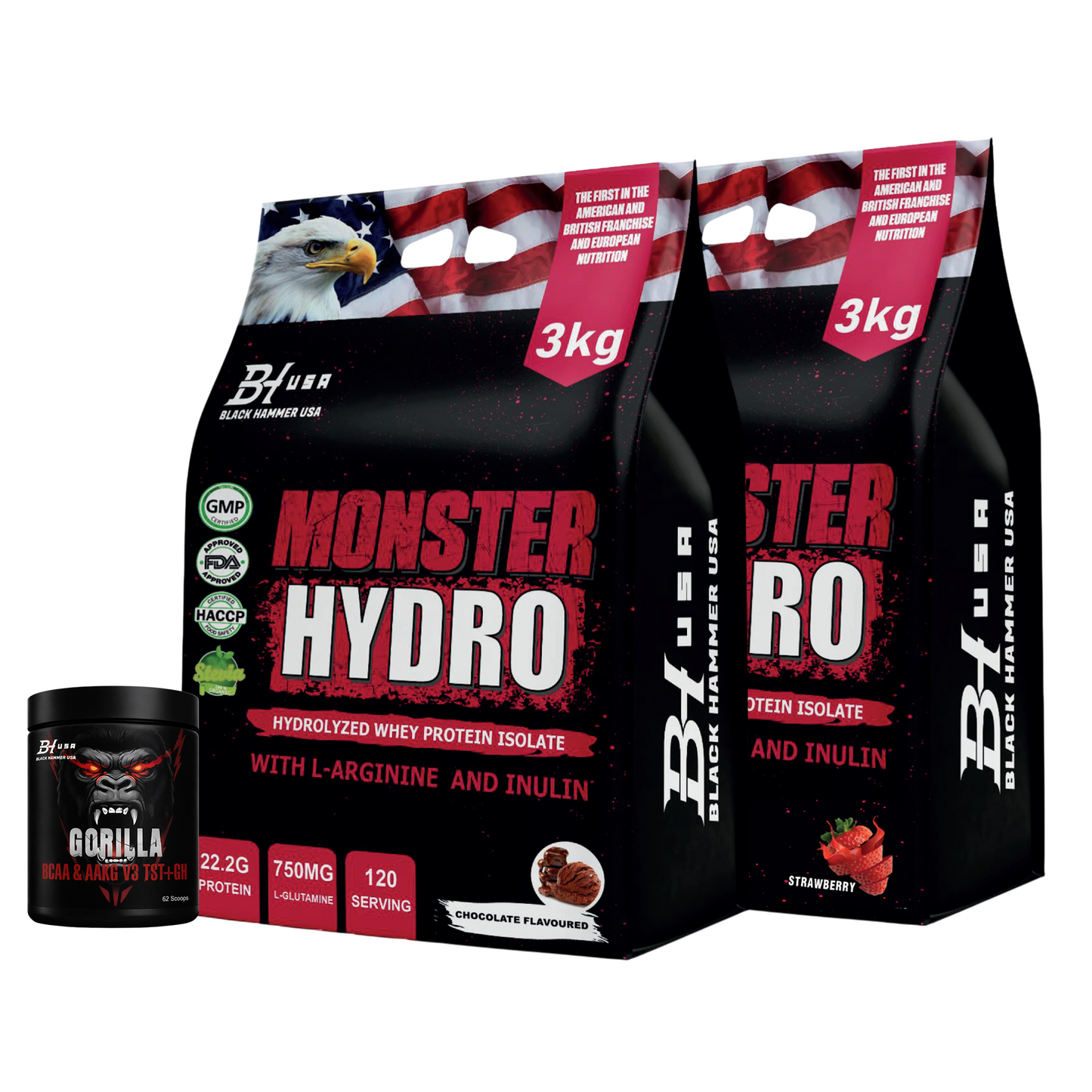 2x Monster Hydro 3KG Chocolate + Strawberry + FREE Gorilla BCAA 620G | SAVE €64