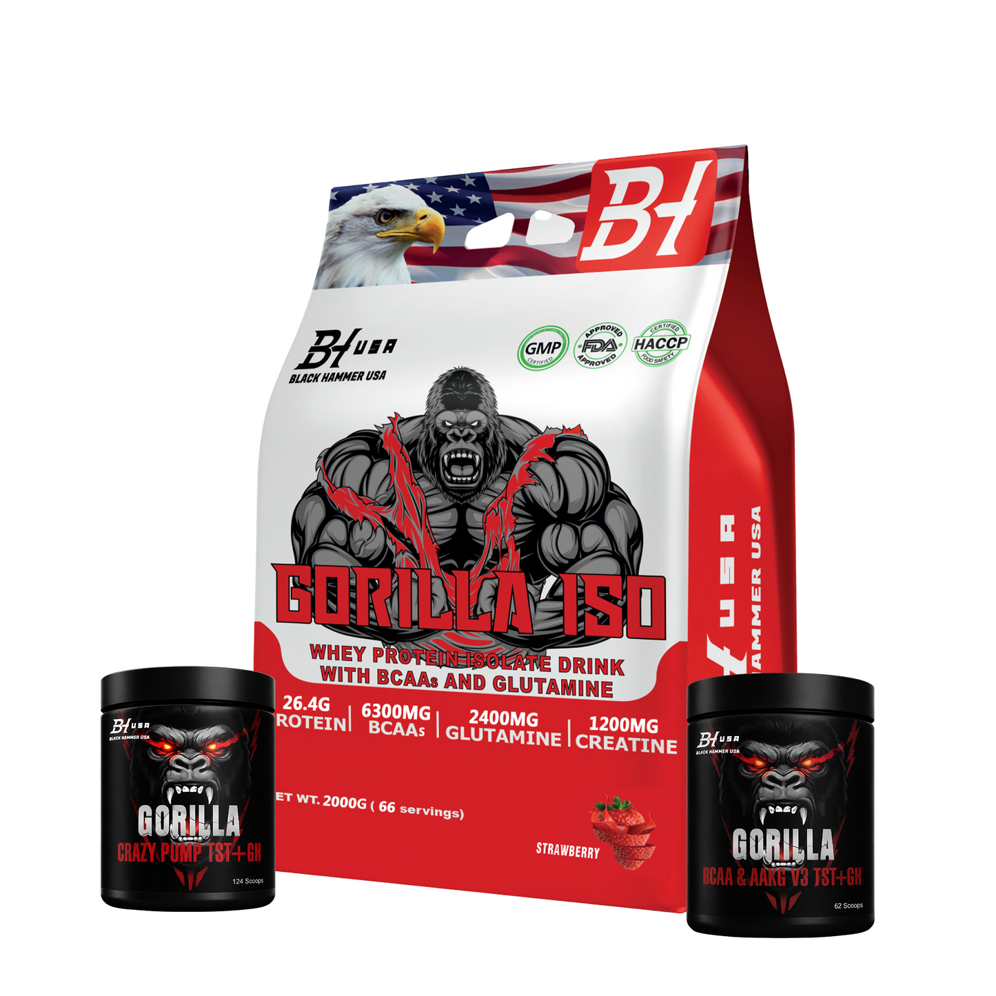 Gorilla ISO Whey Protein 2KG Strawberry + Gorilla BCAA 620G + FREE Booster