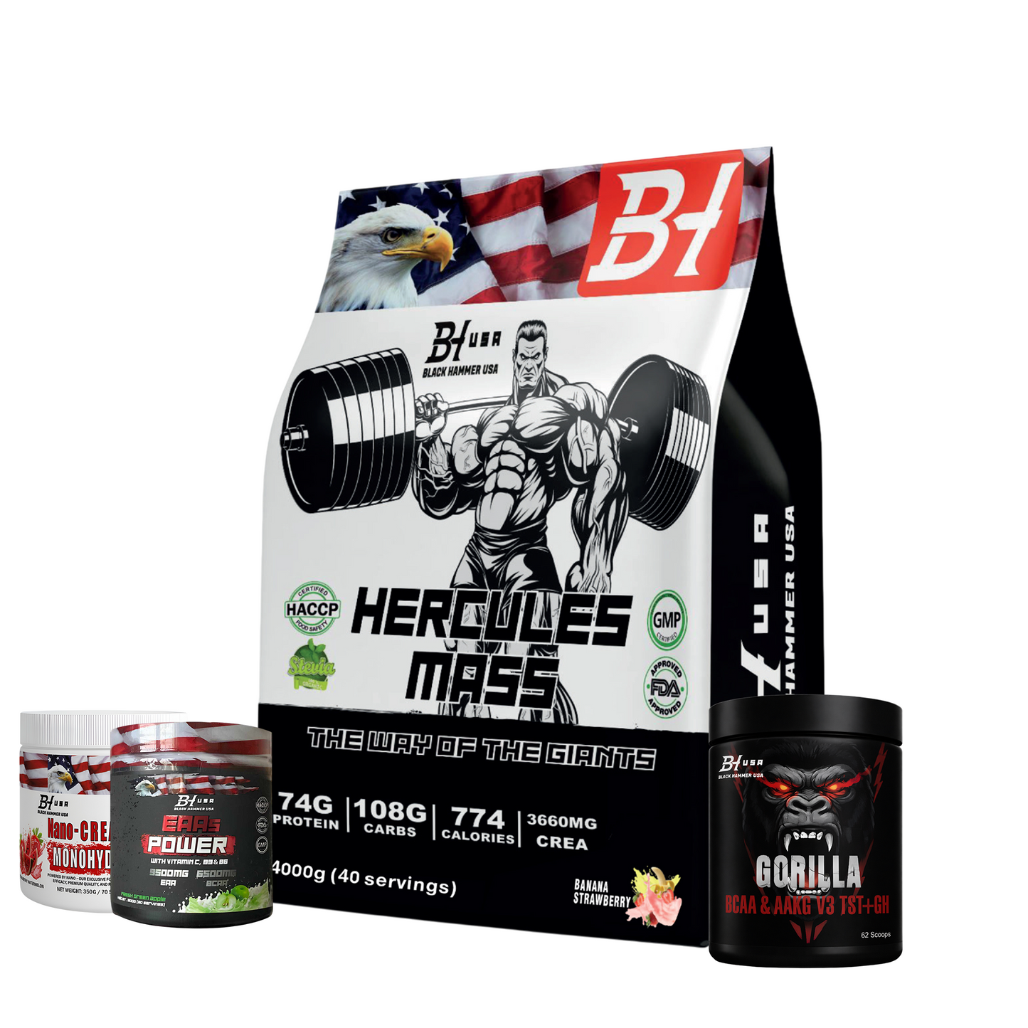 Hercules Mass 4KG Banana-Strawberry + EAA + Nano Creatine + FREE BCAA 620G | Save €40